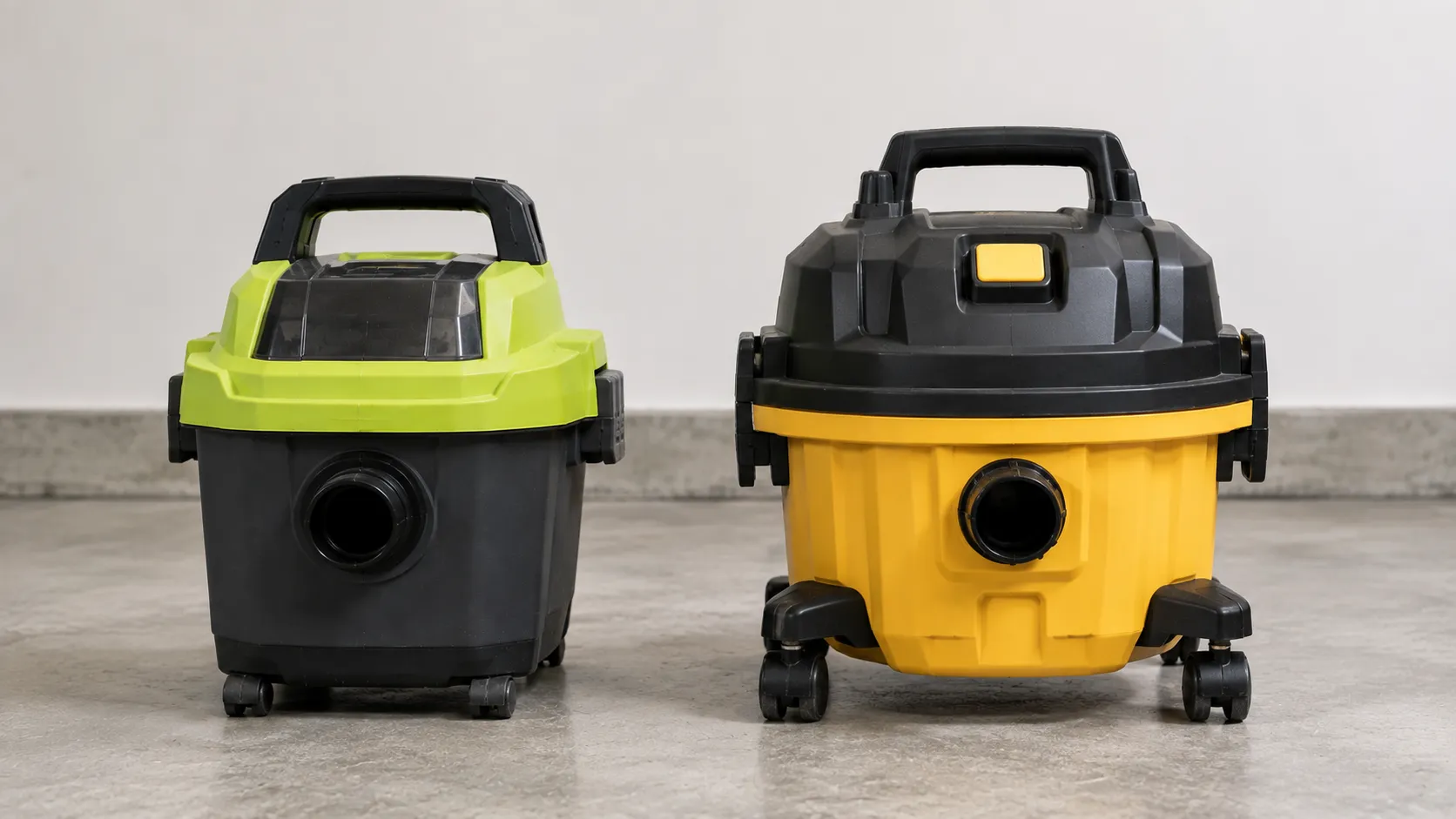 Ryobi and DeWalt cordless wet/dry vacuums compared side by side.