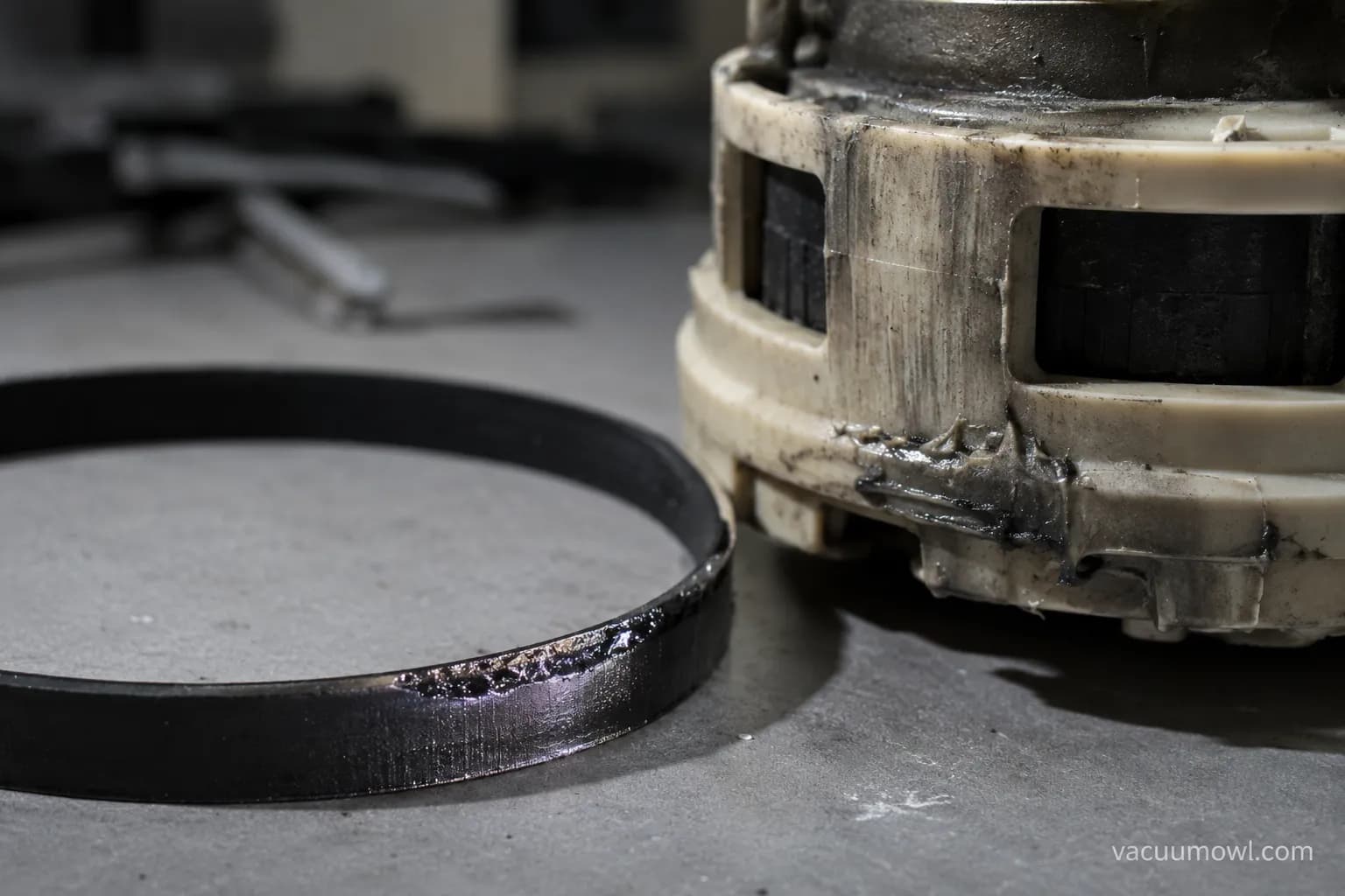 scorched vacuum belt next to an overheated motor housing