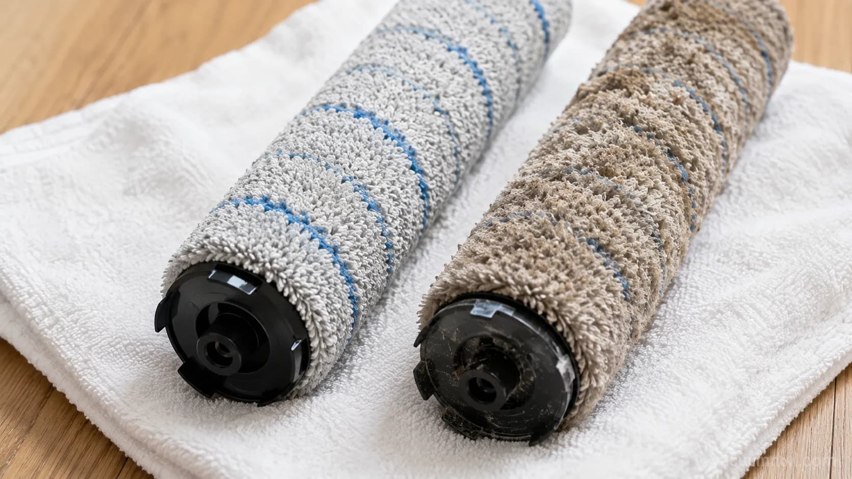 Brush roller residue compared after a cordless floor washer self-cleaning cycle.