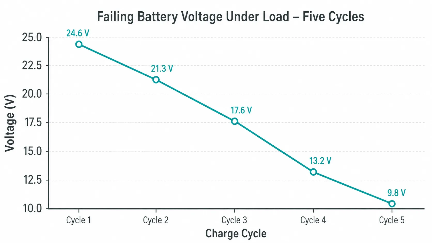 Line chart showing a failing Shark-style cordless vacuum battery pack dropping voltage under load across five charge cycles.