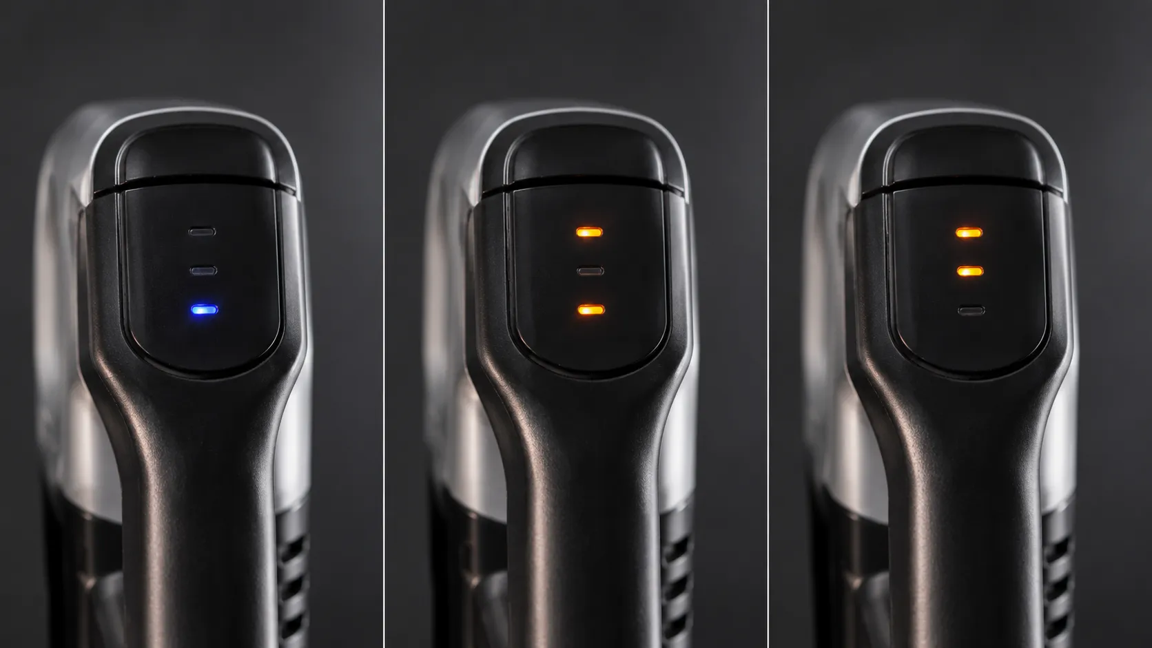 Three side-by-side macro images of a Shark cordless vacuum handle displaying LED light codes for charging status, temperature pause warning, and service fault indicator during troubleshooting.