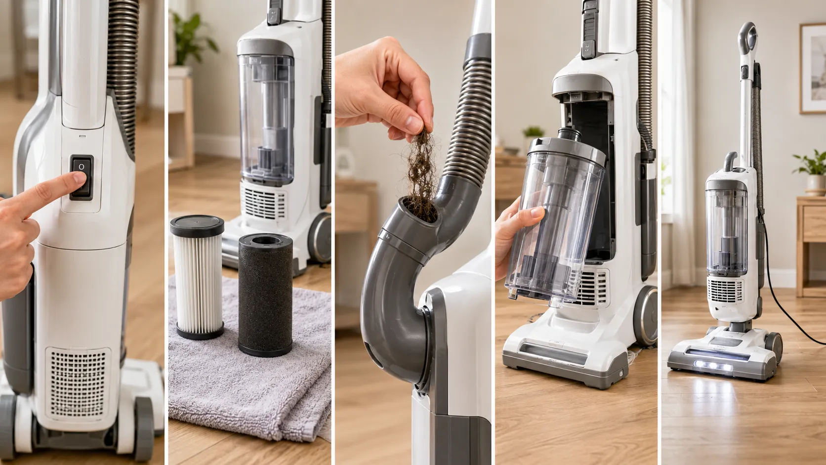 Five-step Shark Navigator vacuum troubleshooting sequence showing power switched off, filters drying, hose clog removal, dust cup reseated and vacuum running again