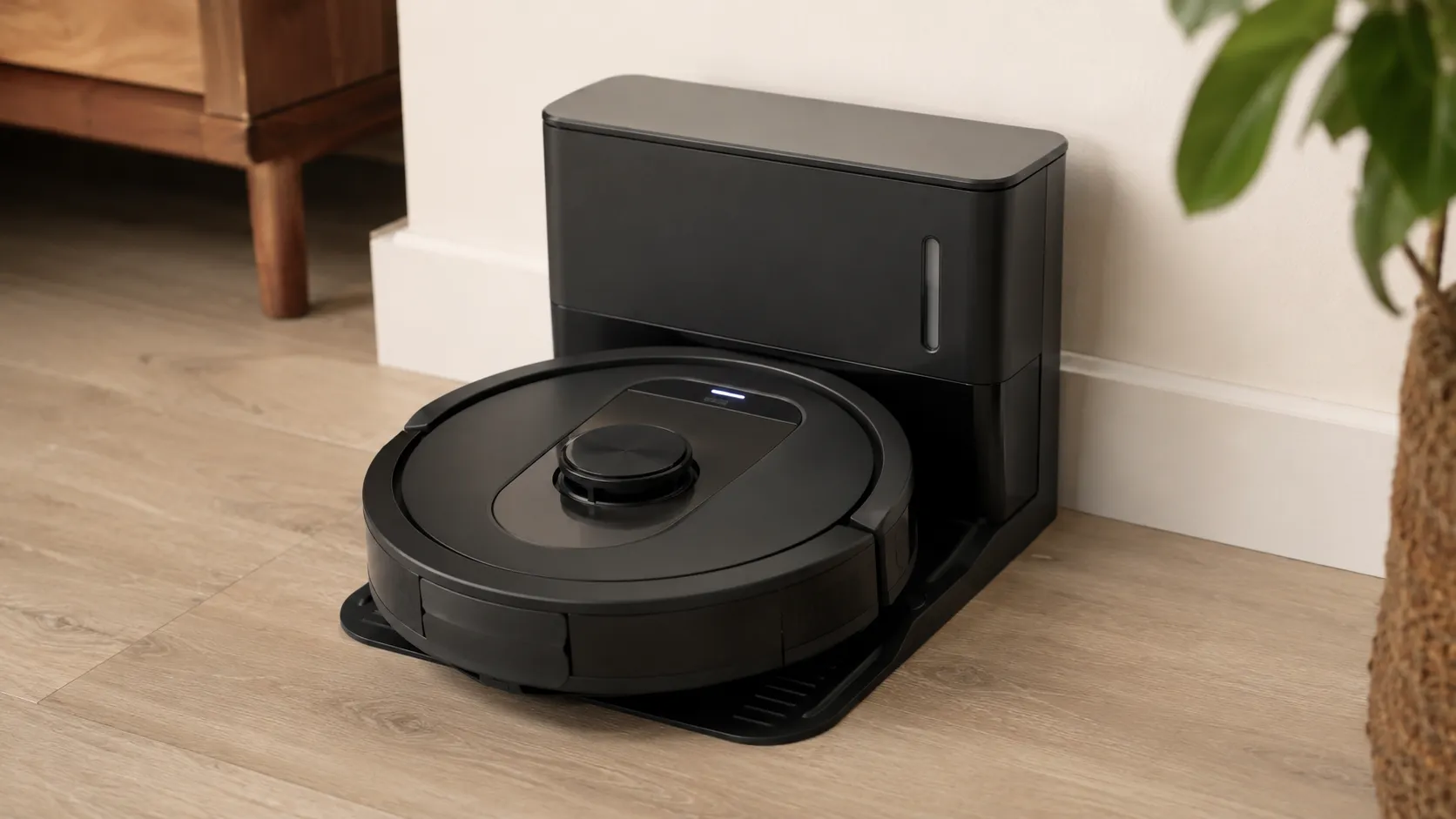 Shark-style robot vacuum correctly seated on its charging dock with contacts aligned and the charge light on.