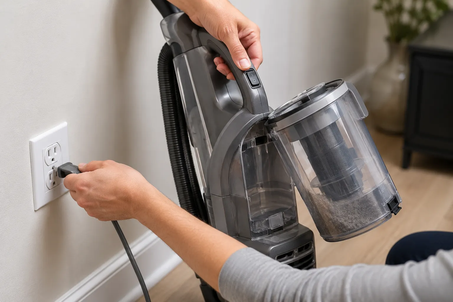 Hand unplugging a Shark upright vacuum before cleaning with the dust cup partially removed.