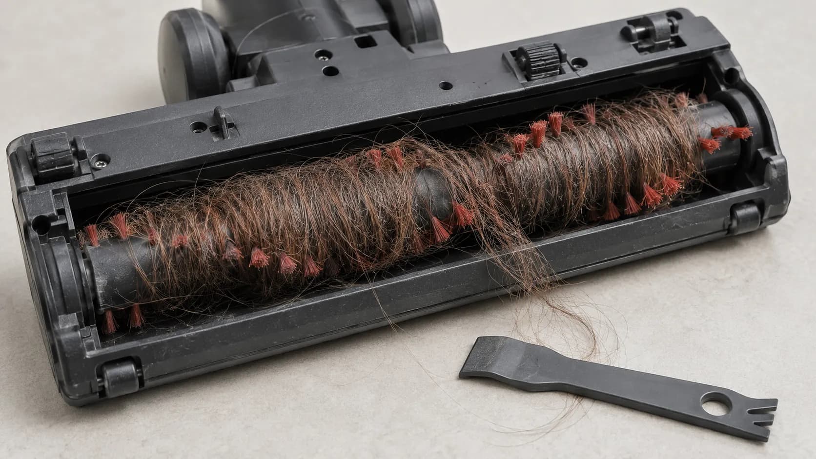Upturned Shark-style vacuum floor head with tangled hair wrapped around the brush roll, shown mid-removal with a small cleaning tool beside it.