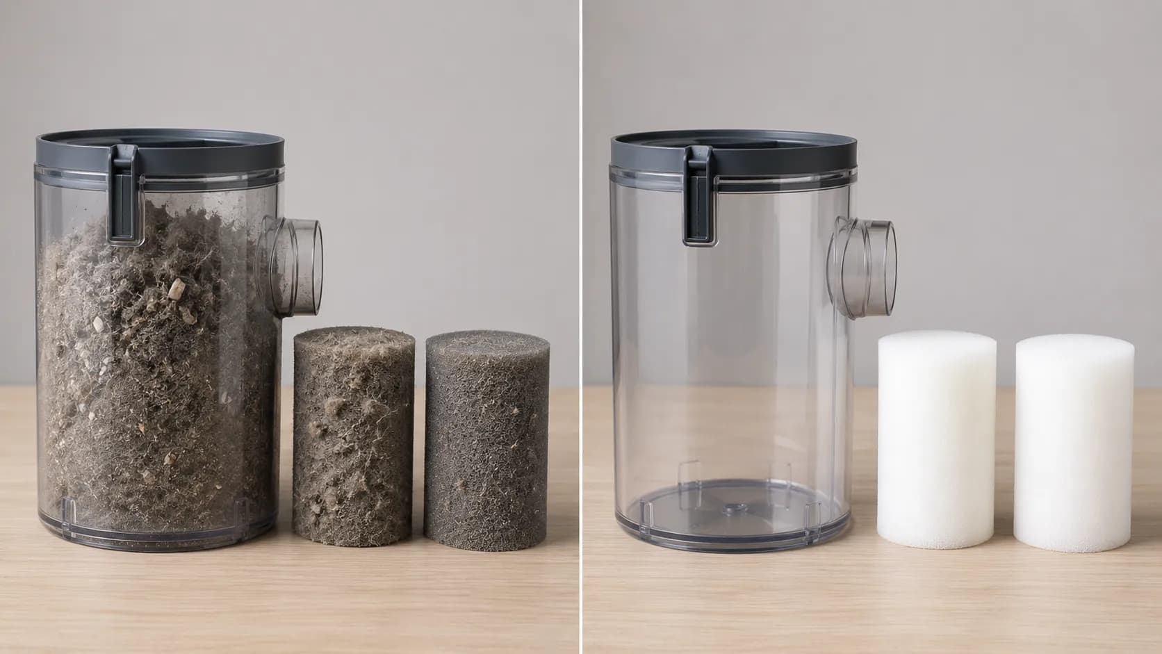Before-and-after view of a Shark-style vacuum dust cup and foam filters, showing clogged grey dust and dirty filters on the left and a clean empty dust cup with fresh filters on the right.
