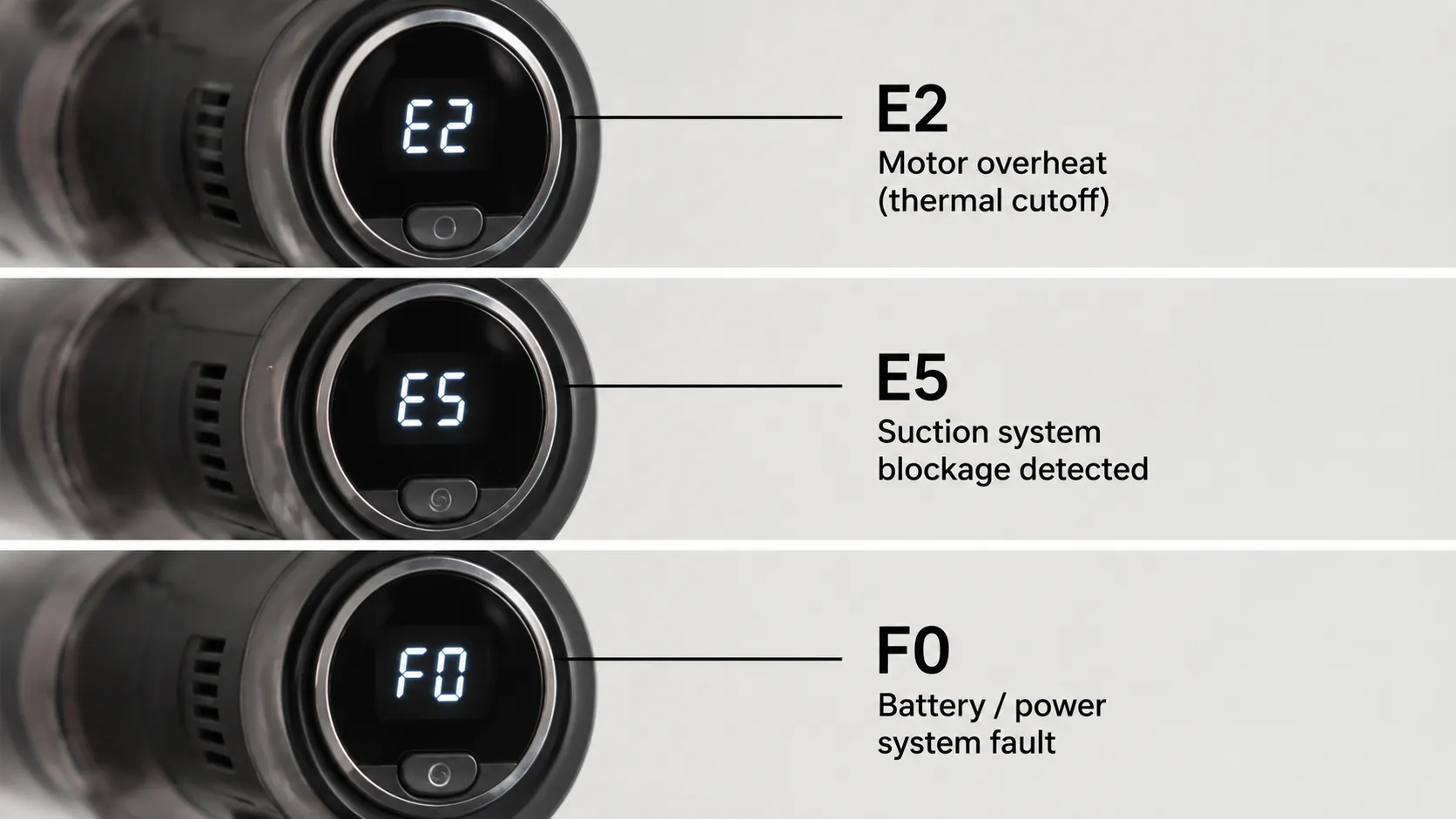 Three Shark-style vacuum display panels showing E2, E5 and F0 error codes, each matched with its likely cause including motor overheat, suction blockage and battery or power fault.