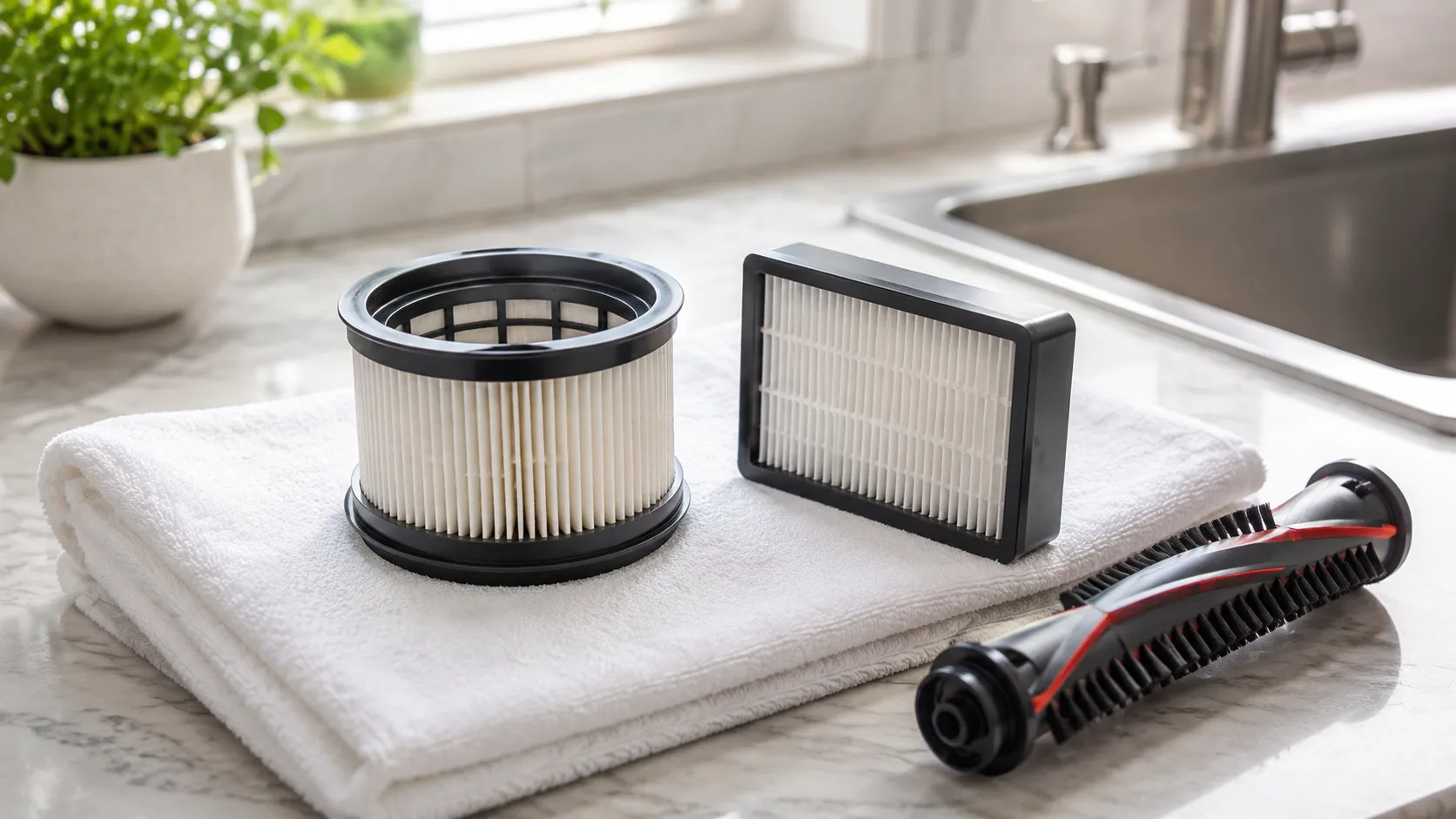Clean Shark-style vacuum filters drying on a white towel beside a brush roll, showing monthly vacuum maintenance to help prevent suction loss and common failures.