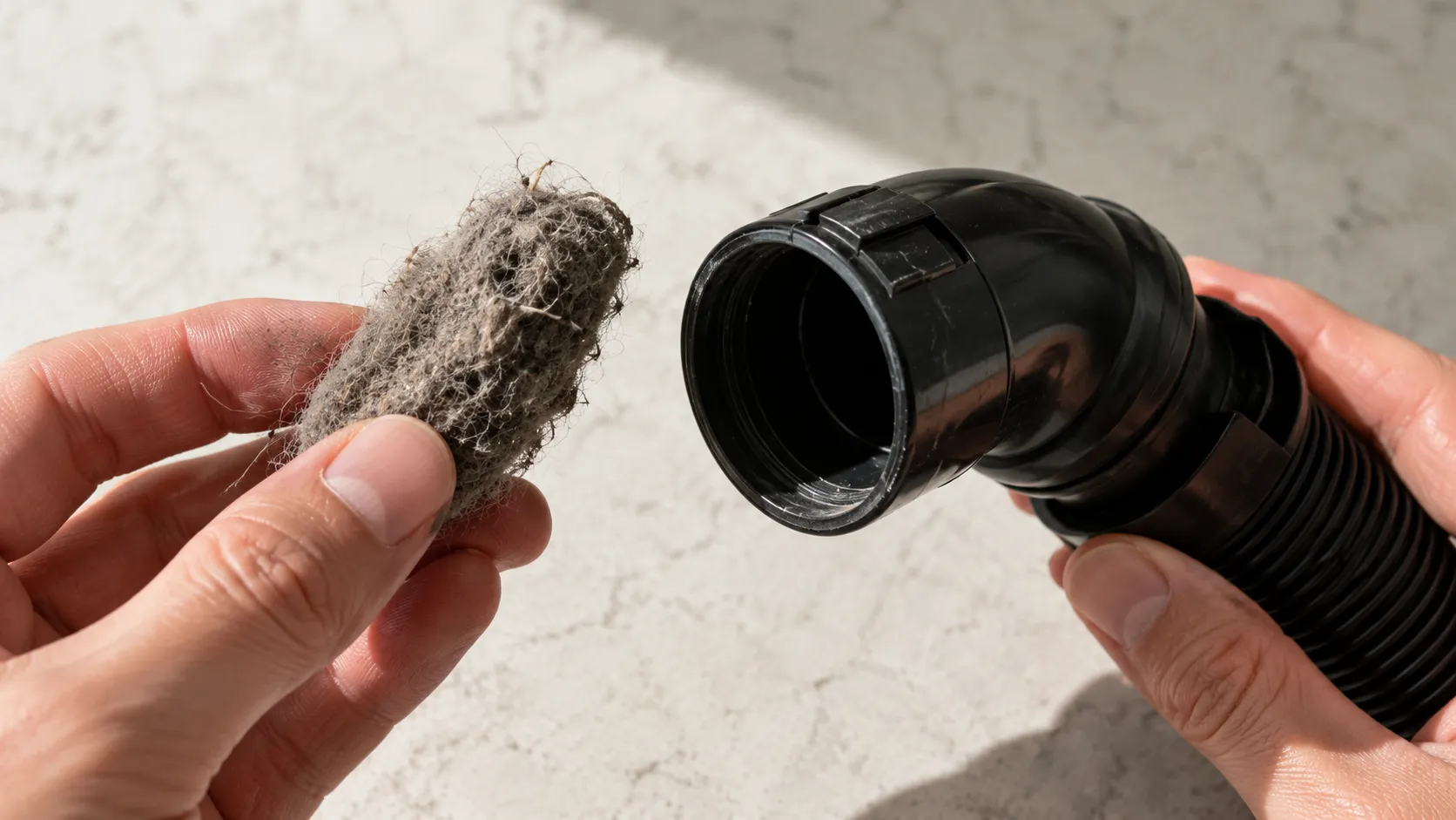 Hair and dust clog removed from a Shark vacuum hose elbow, held next to the empty curved plastic elbow joint