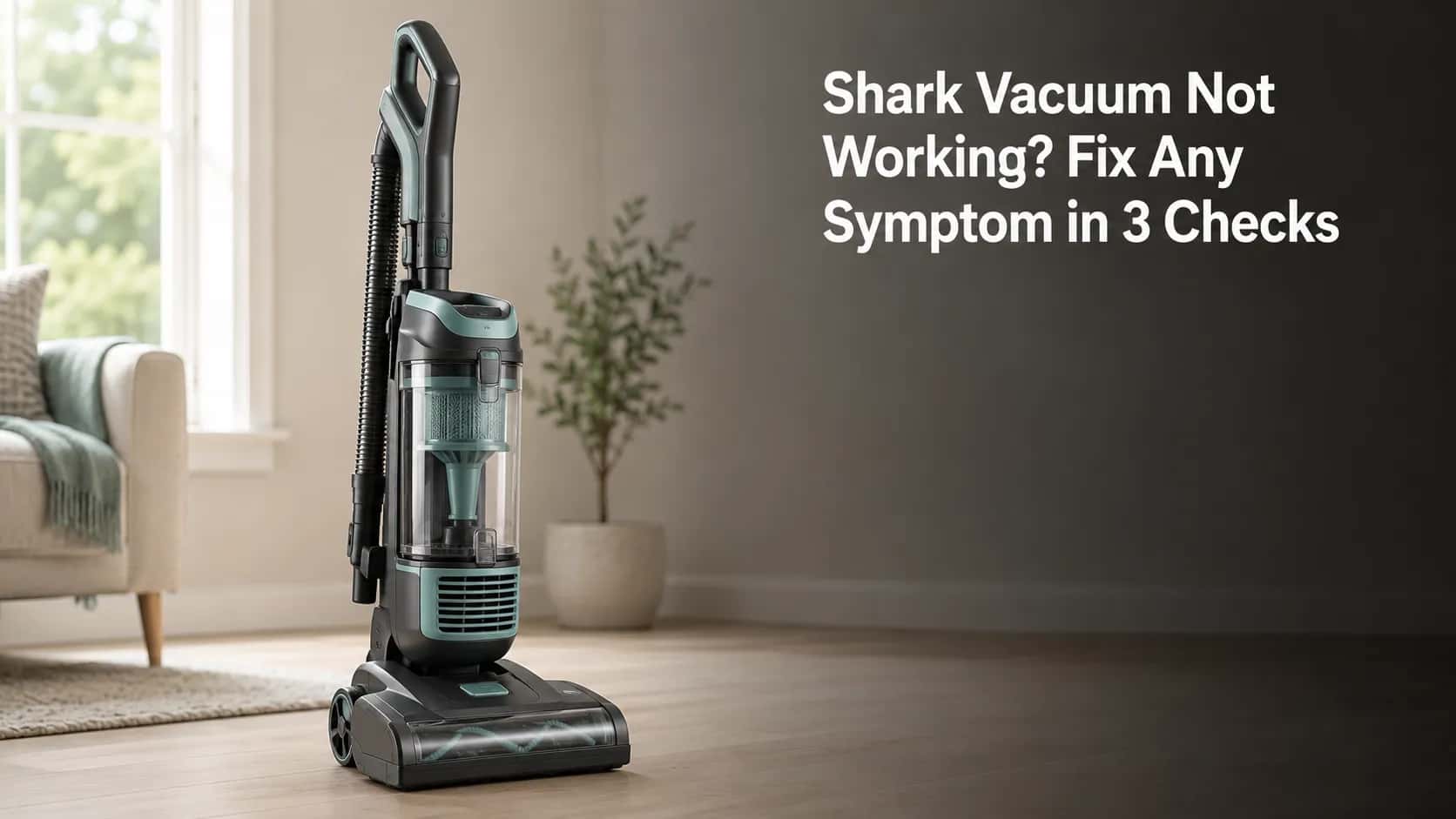 Upright Shark-style vacuum cleaner on a light wood floor in a sunlit living room, with headline text about fixing Shark vacuum problems in three checks.