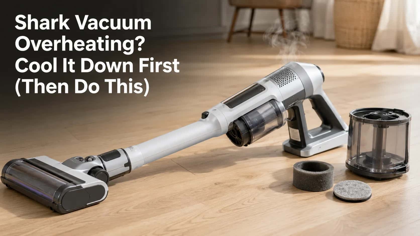 Shark cordless vacuum with detached dust cup and filters illustrating overheating troubleshooting.