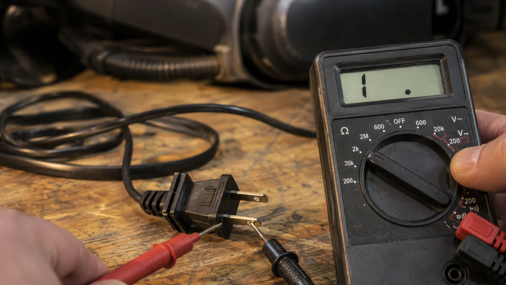 Digital multimeter testing a Shark-style vacuum power cord plug on a wooden workbench, showing no continuity and indicating a possible internal cord break.