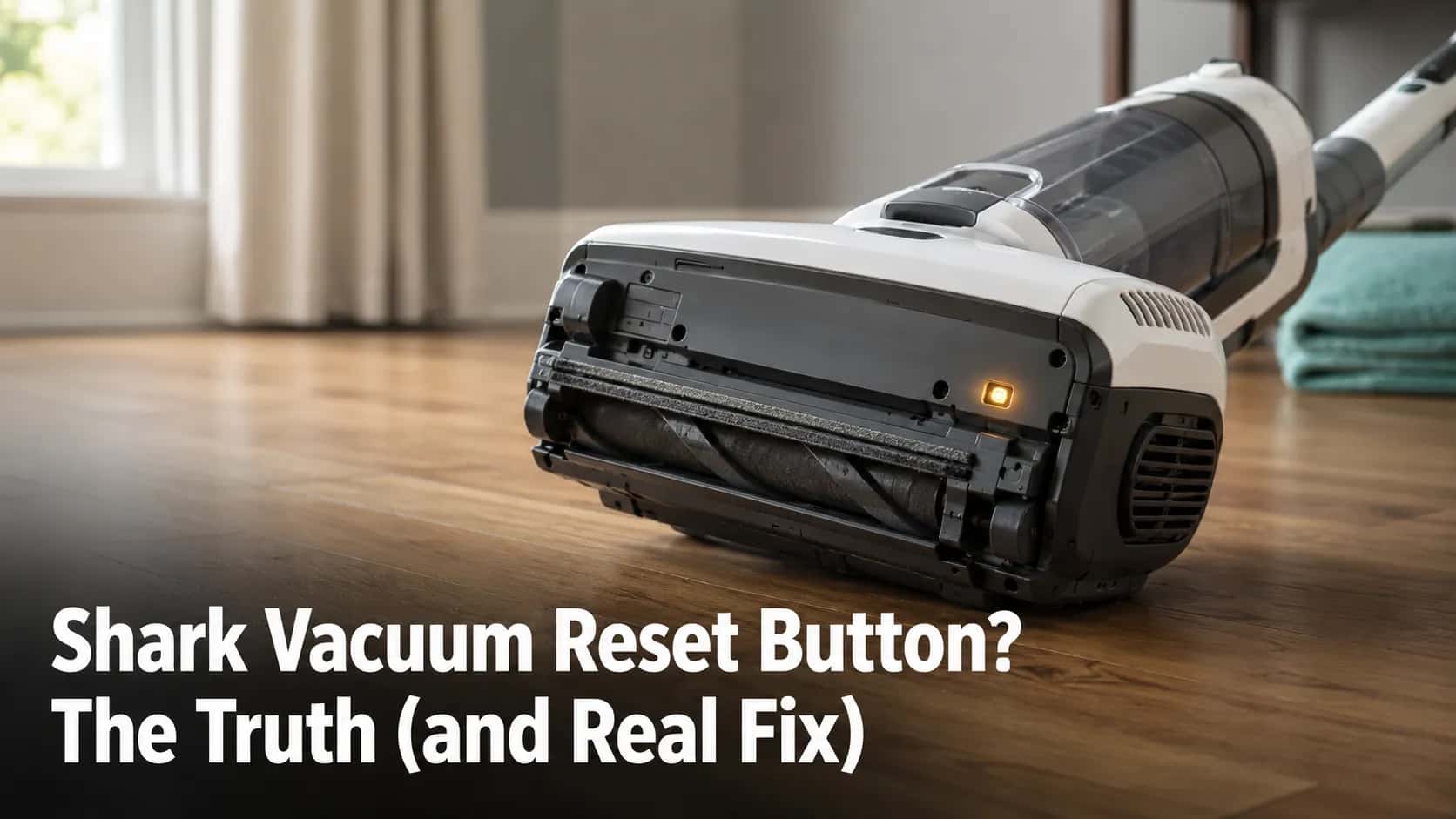 Shark upright vacuum tipped on its side showing the underside with an amber indicator light and no visible reset button