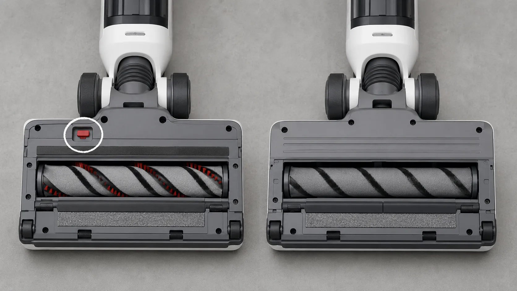 Side-by-side underside comparison of two Shark upright vacuums, one with a circled red brush-bar reset button and one with a smooth button-free baseplate