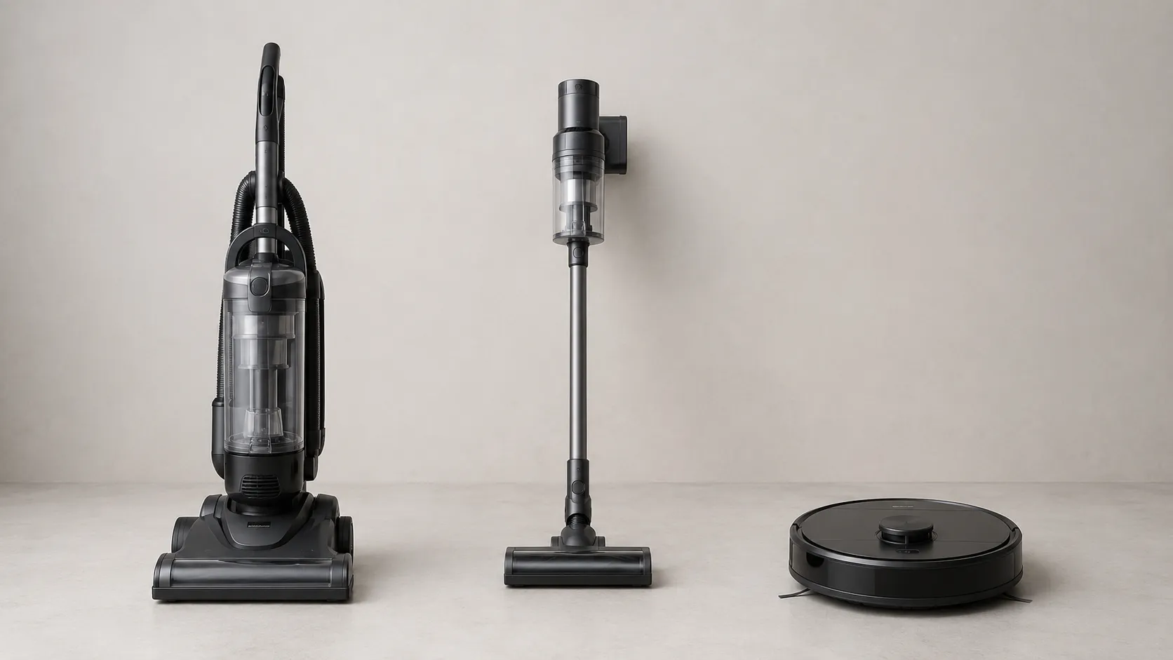 Three Shark-style vacuum types arranged side by side on a pale surface, showing an upright vacuum, cordless stick vacuum and robot vacuum for comparison.