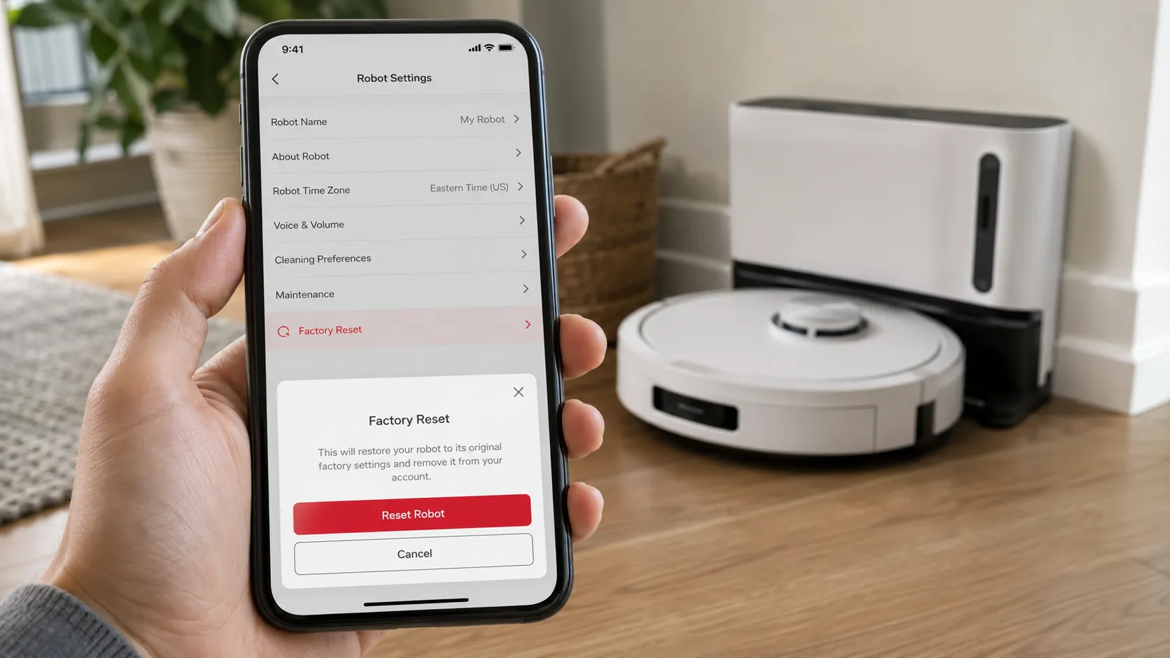Phone showing SharkClean app factory reset confirmation with a Shark robot vacuum blurred on its charging dock in the background