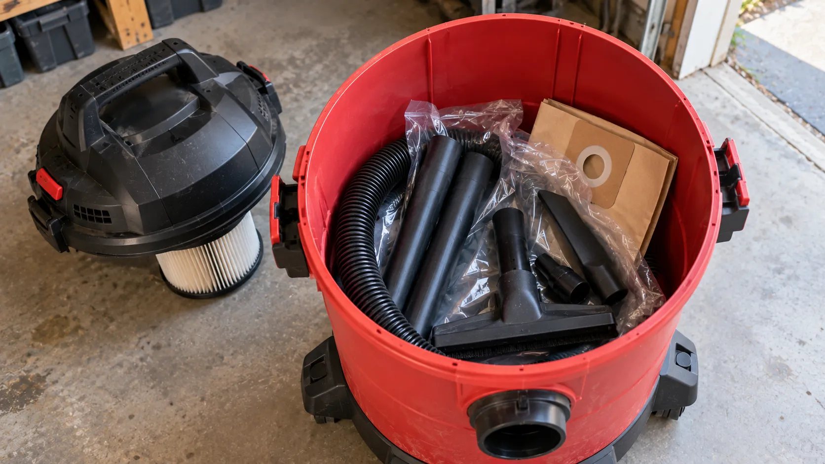 Shop vac accessories packed inside the drum before first use.