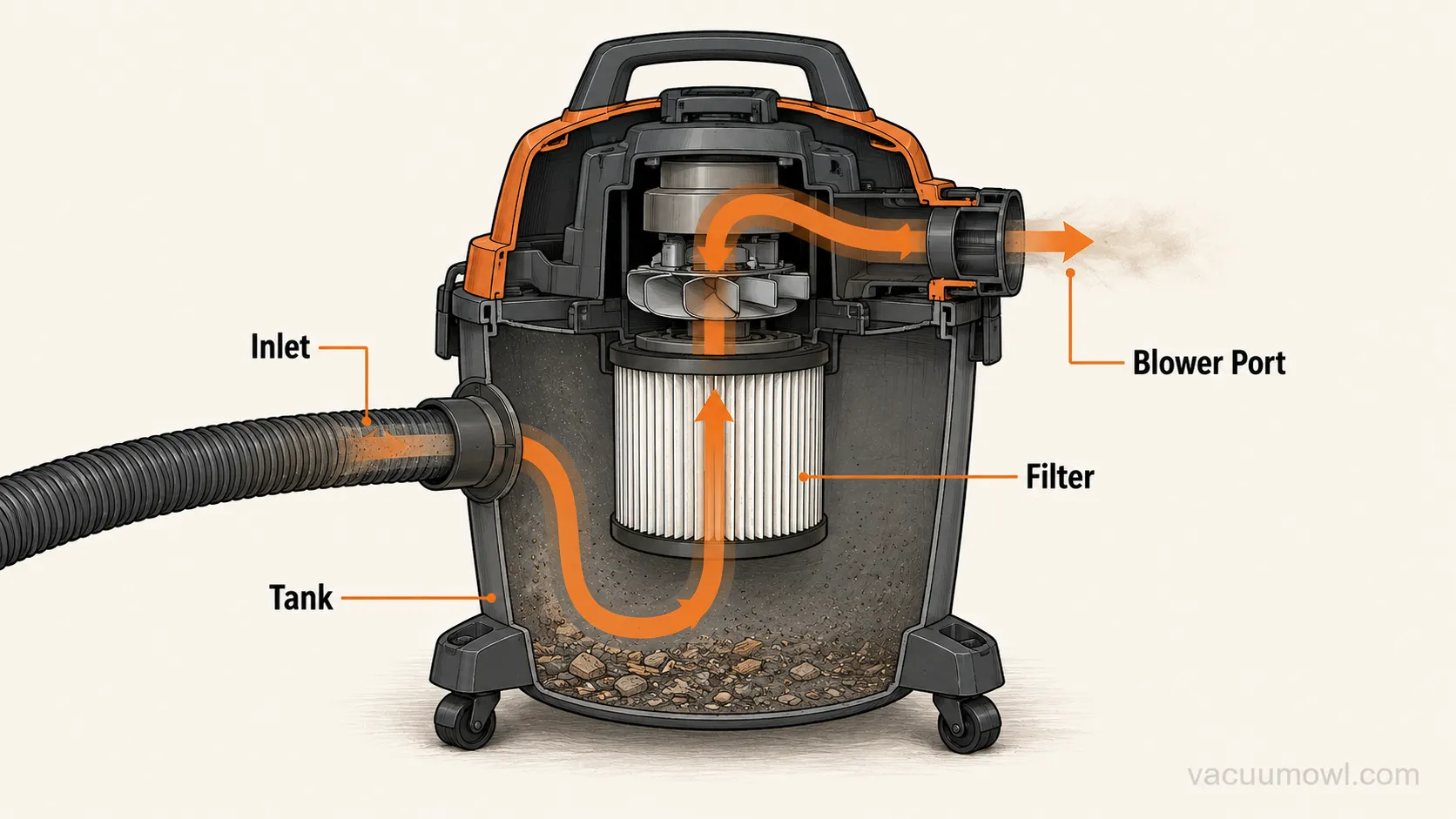 Diagram of shop vac airflow from inlet through filter to blower port.