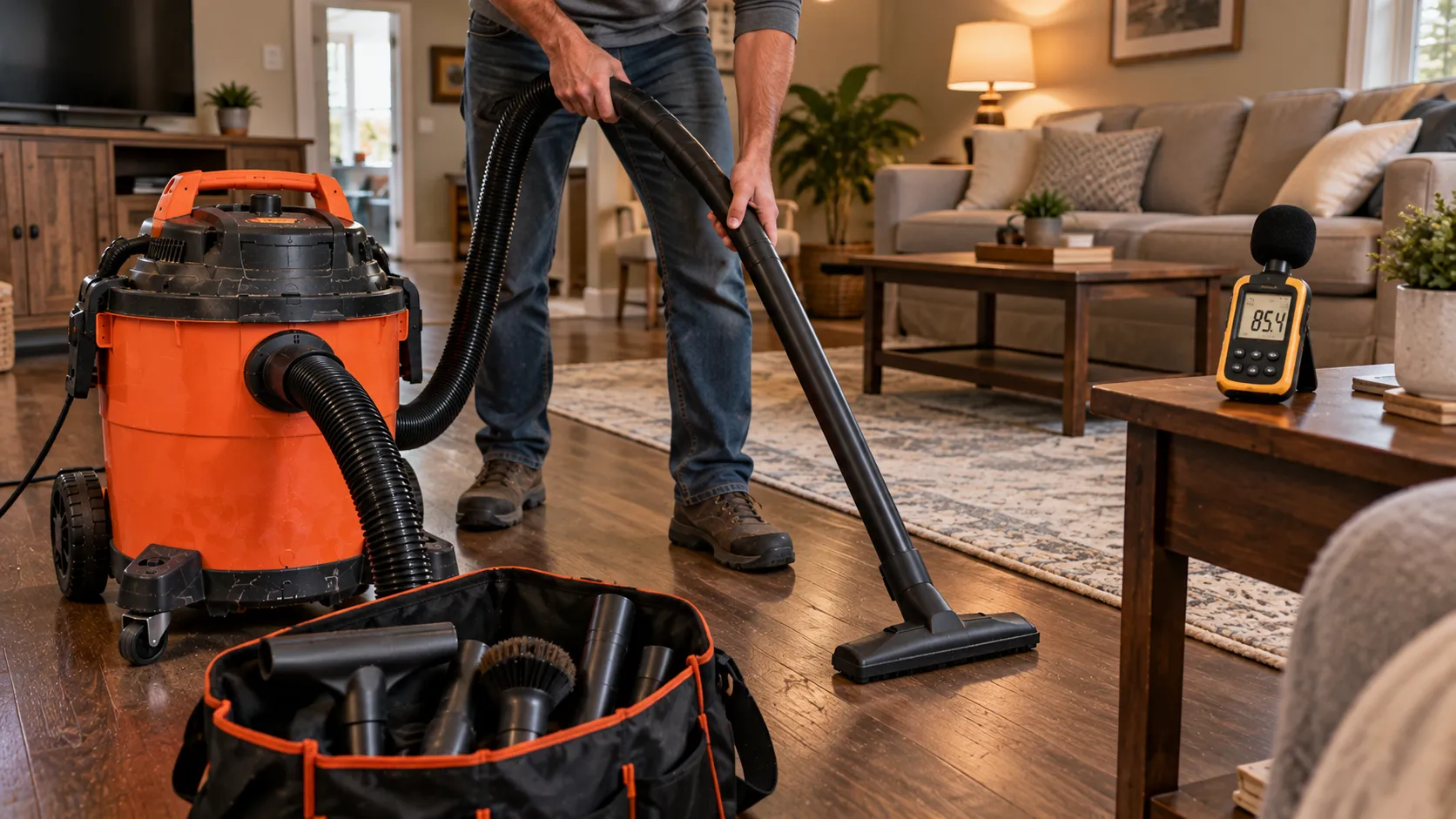 shop vac used as a daily vacuum in a living room with a sound meter reading