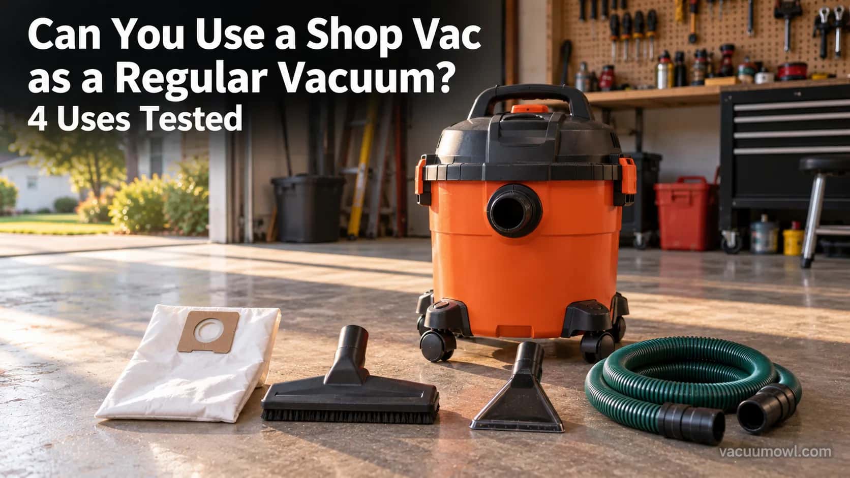 Shop vac on a garage floor beside a fine-dust filter bag, floor nozzle, extractor wand and drain hose