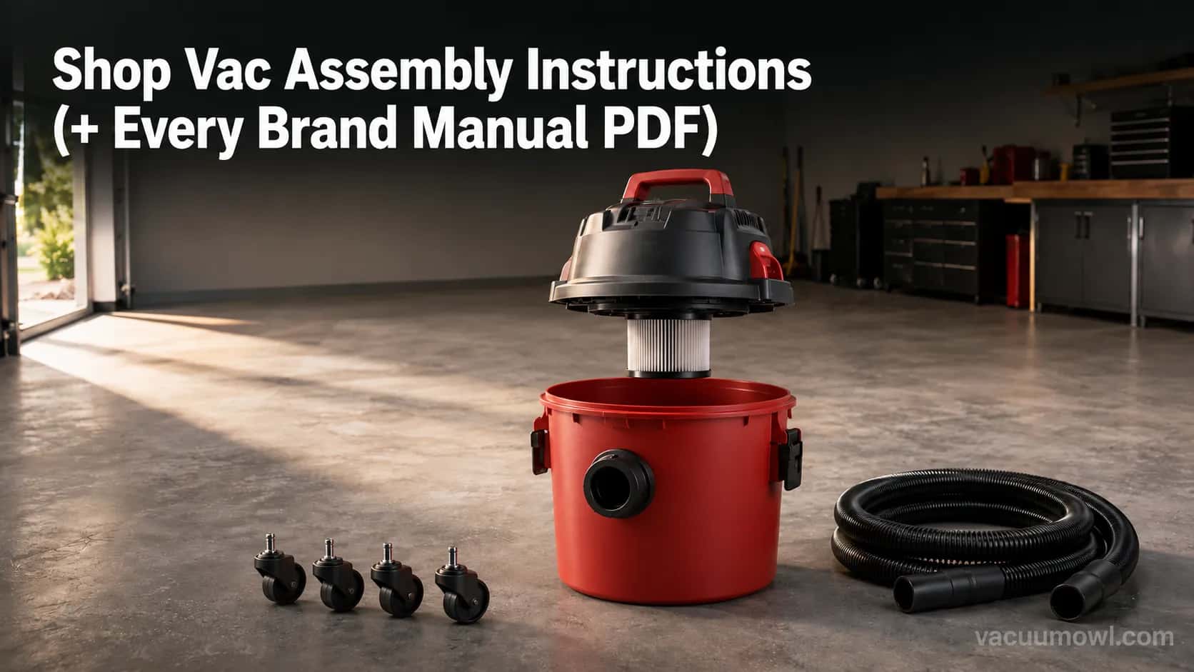 Wet/dry shop vac being assembled on a garage floor with casters, hose, and motor head laid out.