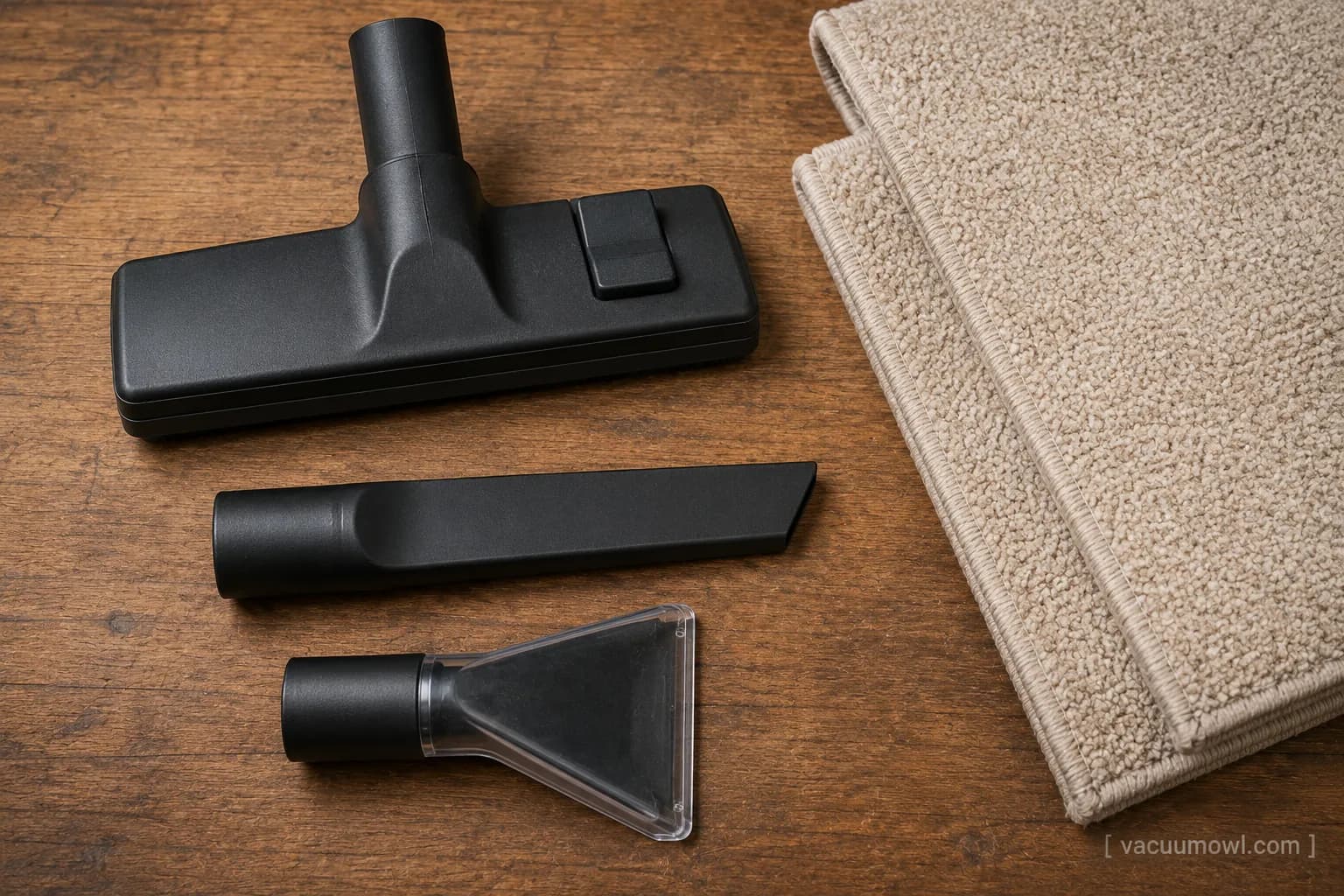 shop vac attachments for carpet, a crevice tool, upholstery nozzle, and floor tool