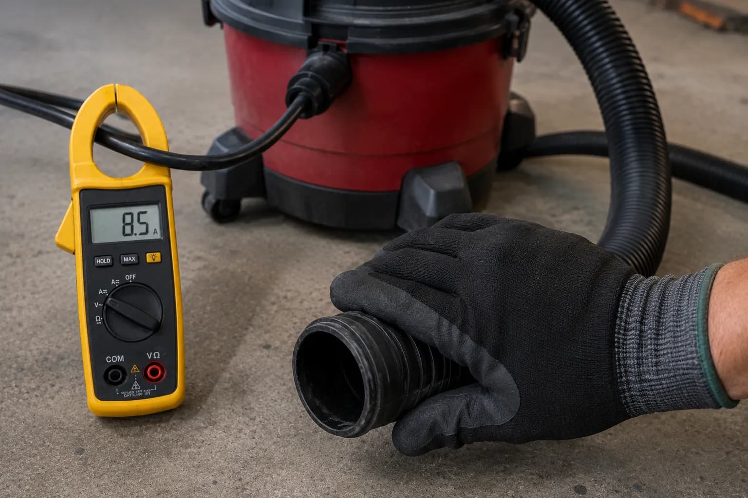Hand capping a shop vac hose while a clamp meter shows the amp draw dropping