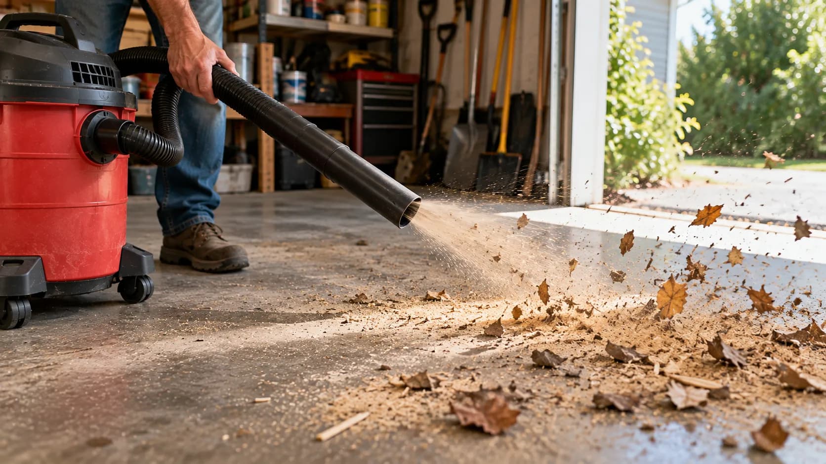 Shop vac used as a blower clearing a garage floor.