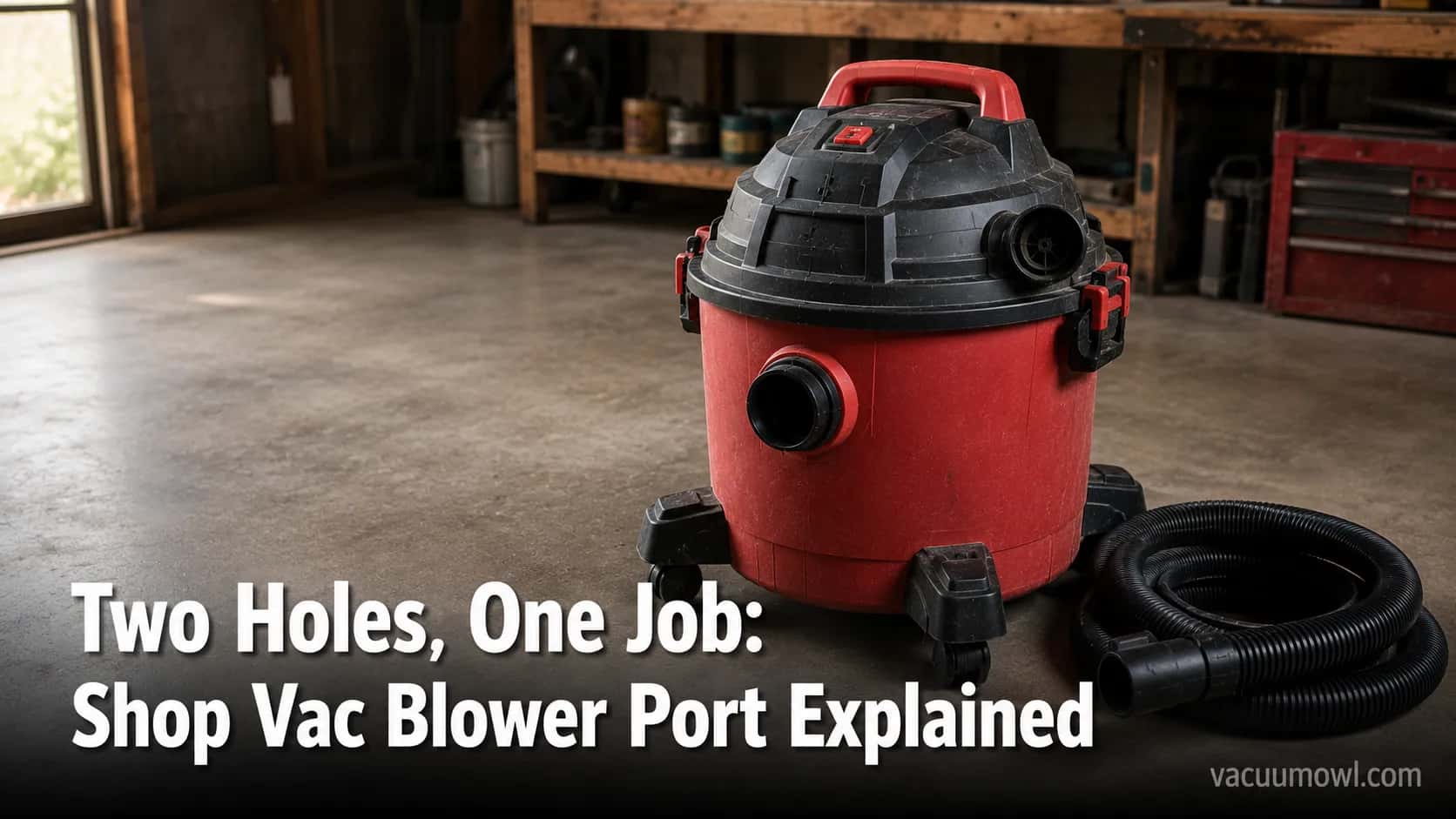 shop vac showing intake and blower port on a garage floor