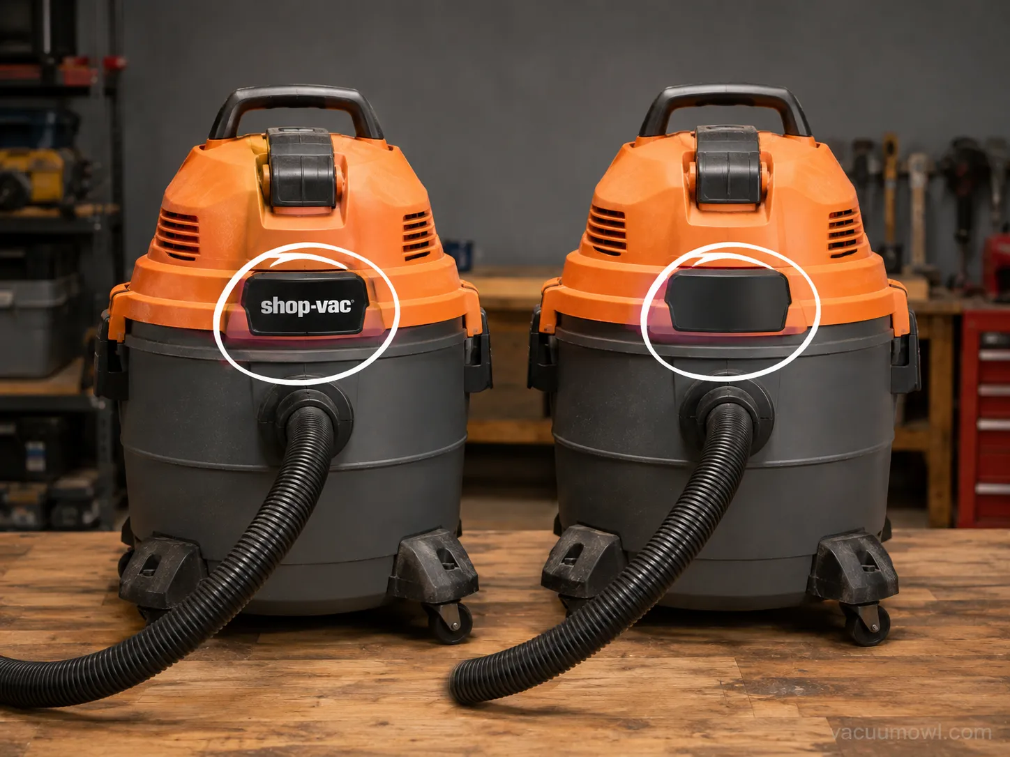 A branded shop vacuum beside a store-brand shop vacuum showing near-identical bodies.
