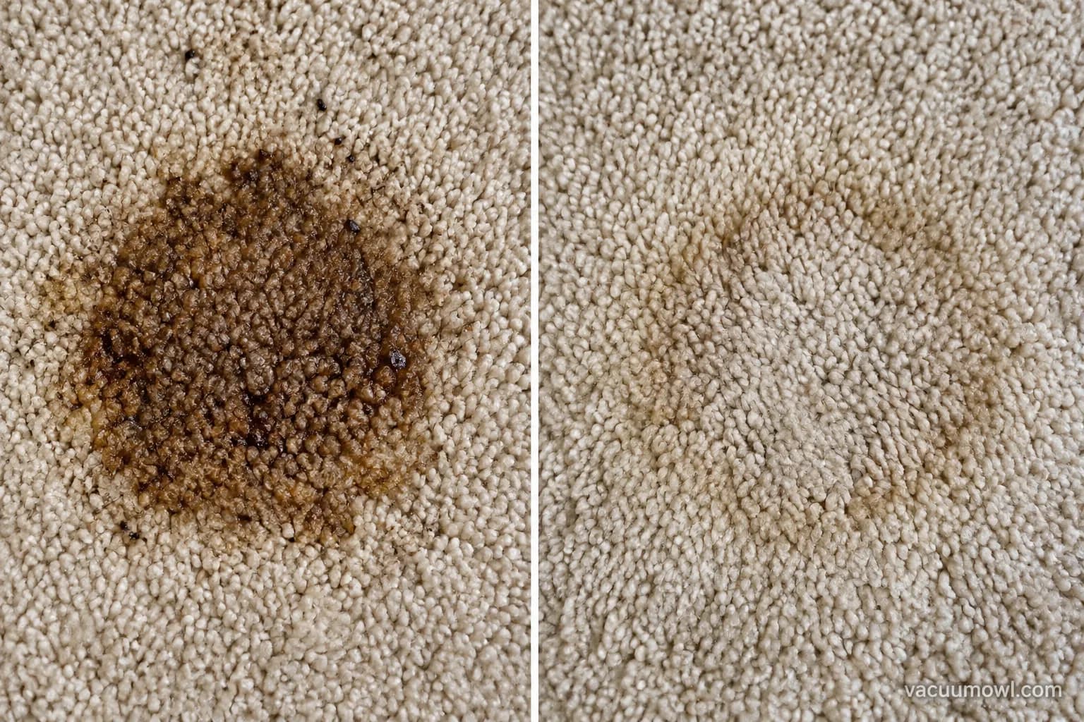 Carpet stain before cleaning beside the faint ring left after a single shop-vac pass.