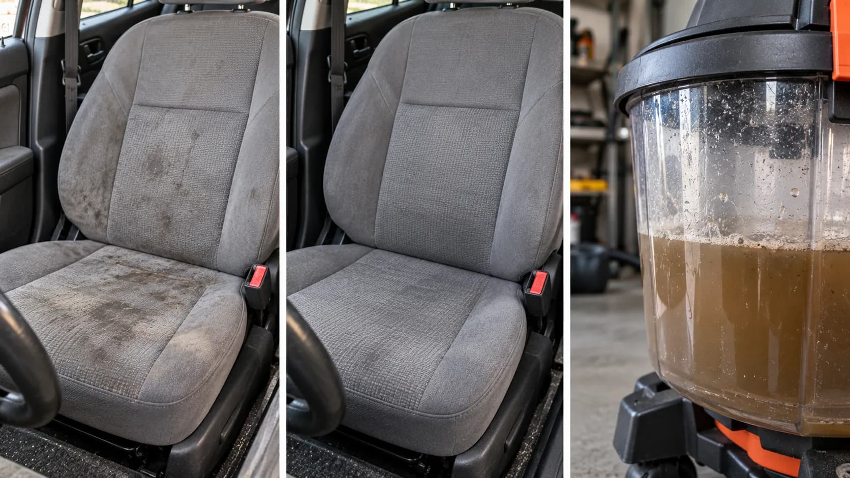 Car seat before and after shop vac extraction with brown extracted water in the tank