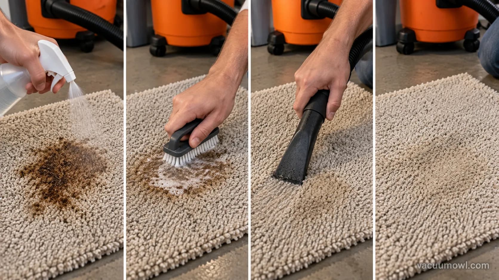 Four-step sequence of pre-spraying, brushing, and extracting a carpet stain with a shop vac.