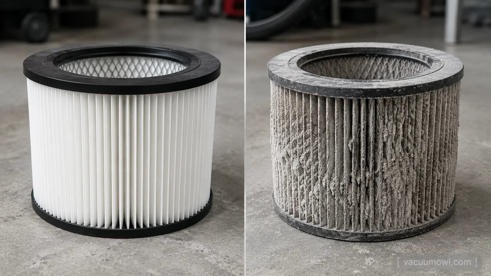 Clean shop vac cartridge filter beside the same filter packed with grey drywall dust.
