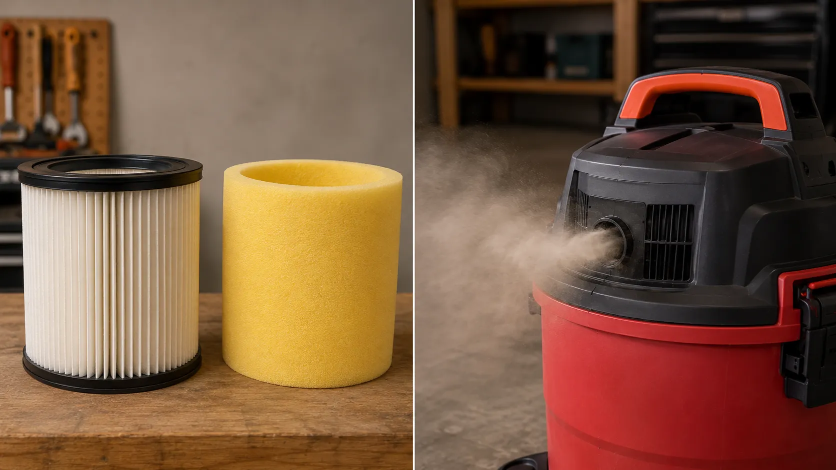 Shop vac cartridge filter beside a foam sleeve, showing which filter to use for wet versus dry.