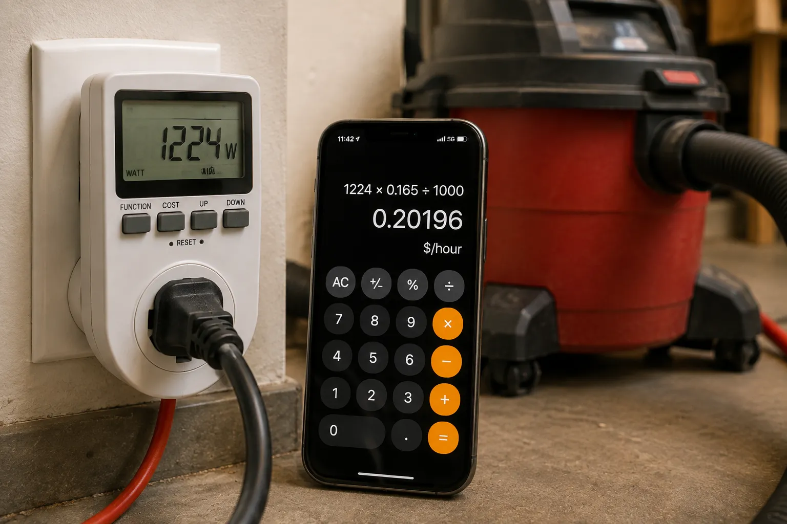 Energy meter reading 1224 watts beside a phone calculating shop vac cost per hour