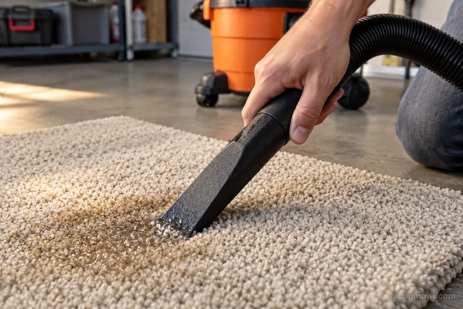 Hand guiding a shop-vac crevice tool across a damp carpet square during a spill test.