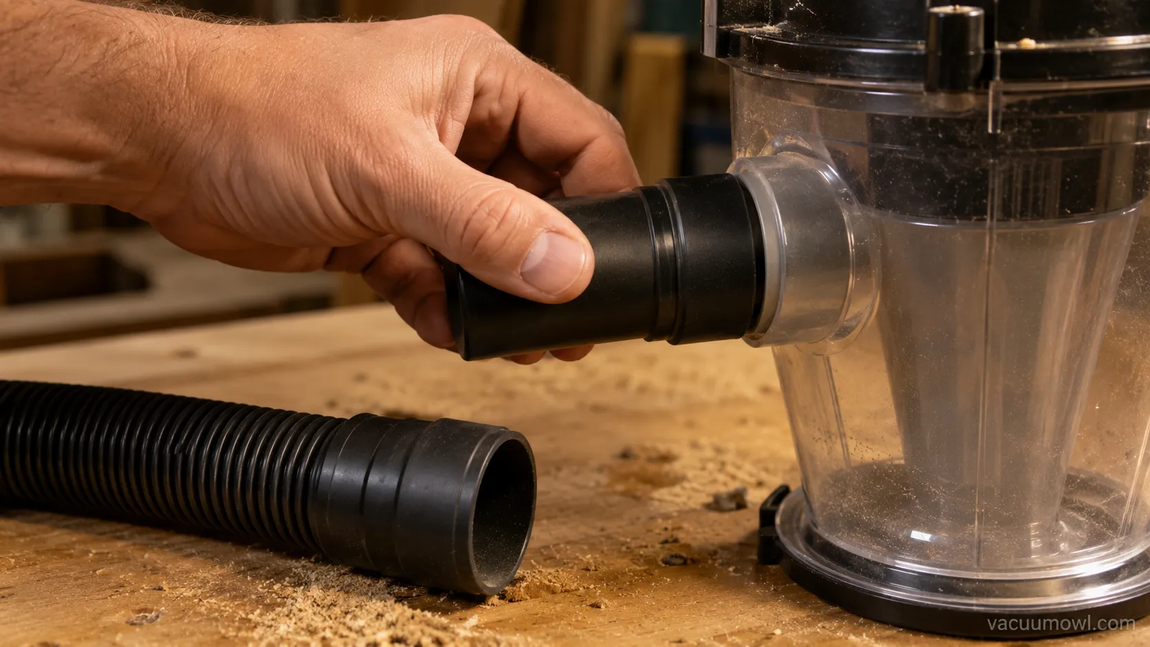 hand fitting a step adapter to a cyclone separator inlet on a shop vac.
