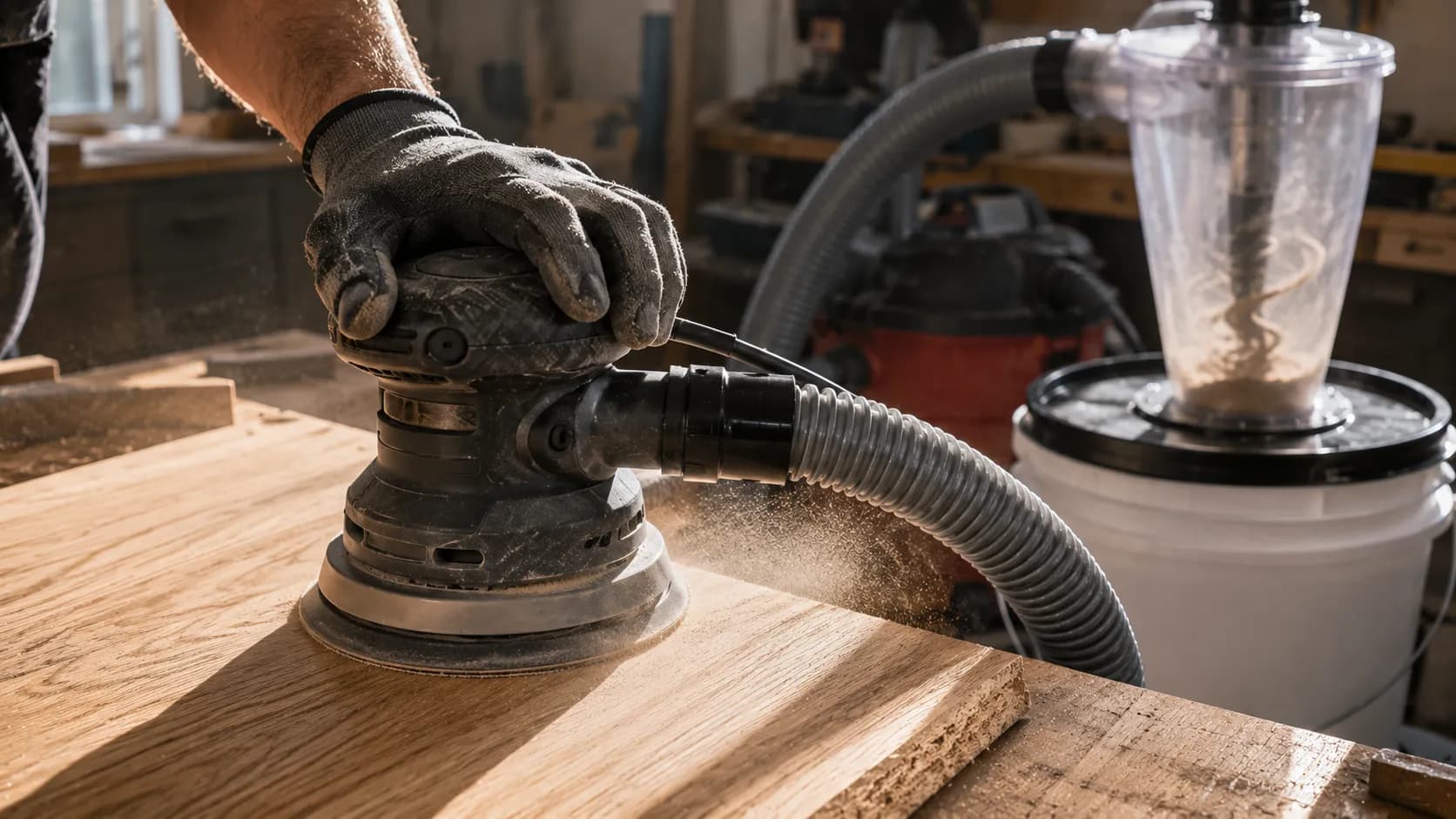 random orbit sander connected to a shop vac cyclone dust collection rig.