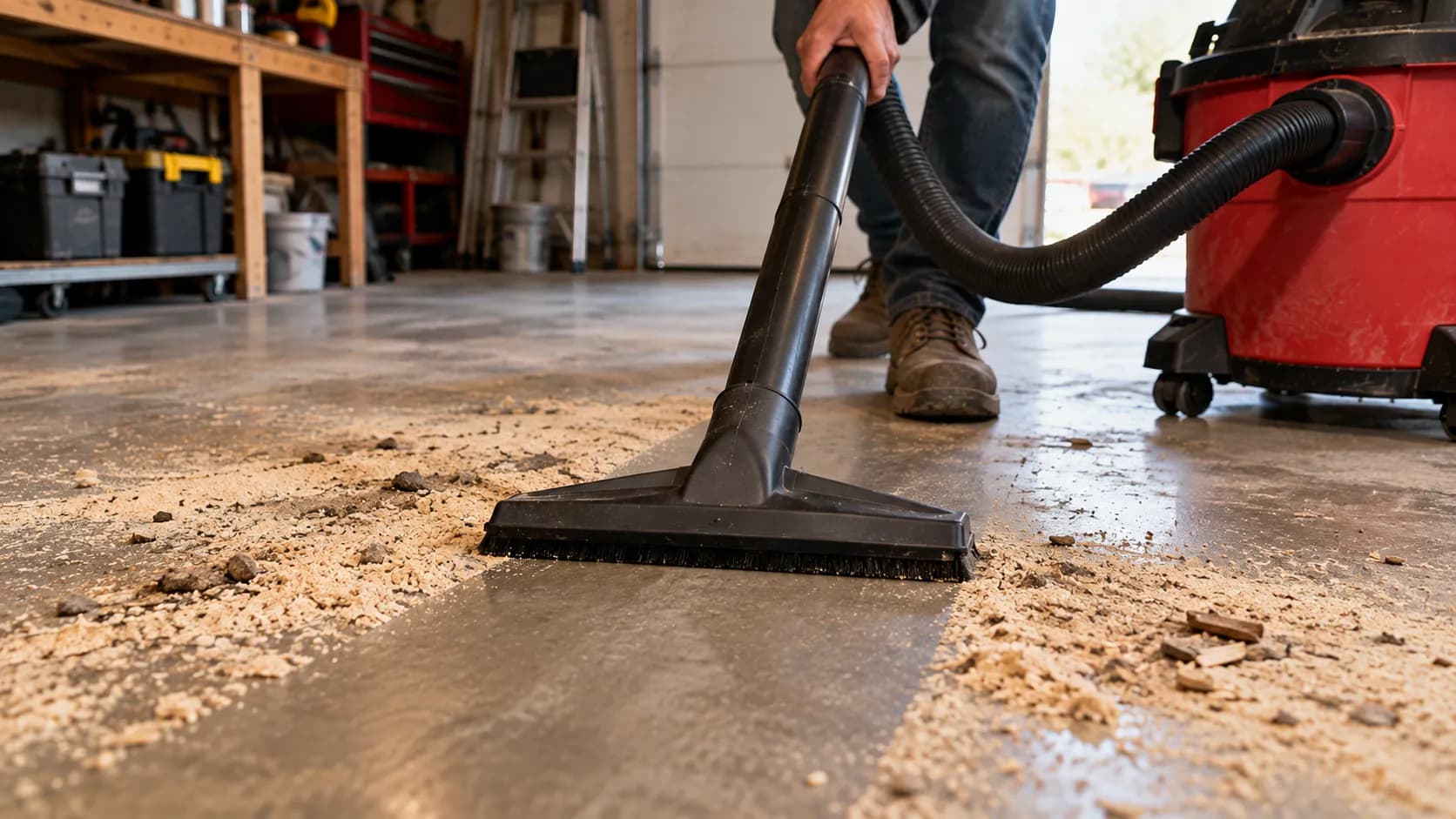 Using a shop vac for dry pickup on a garage floor.