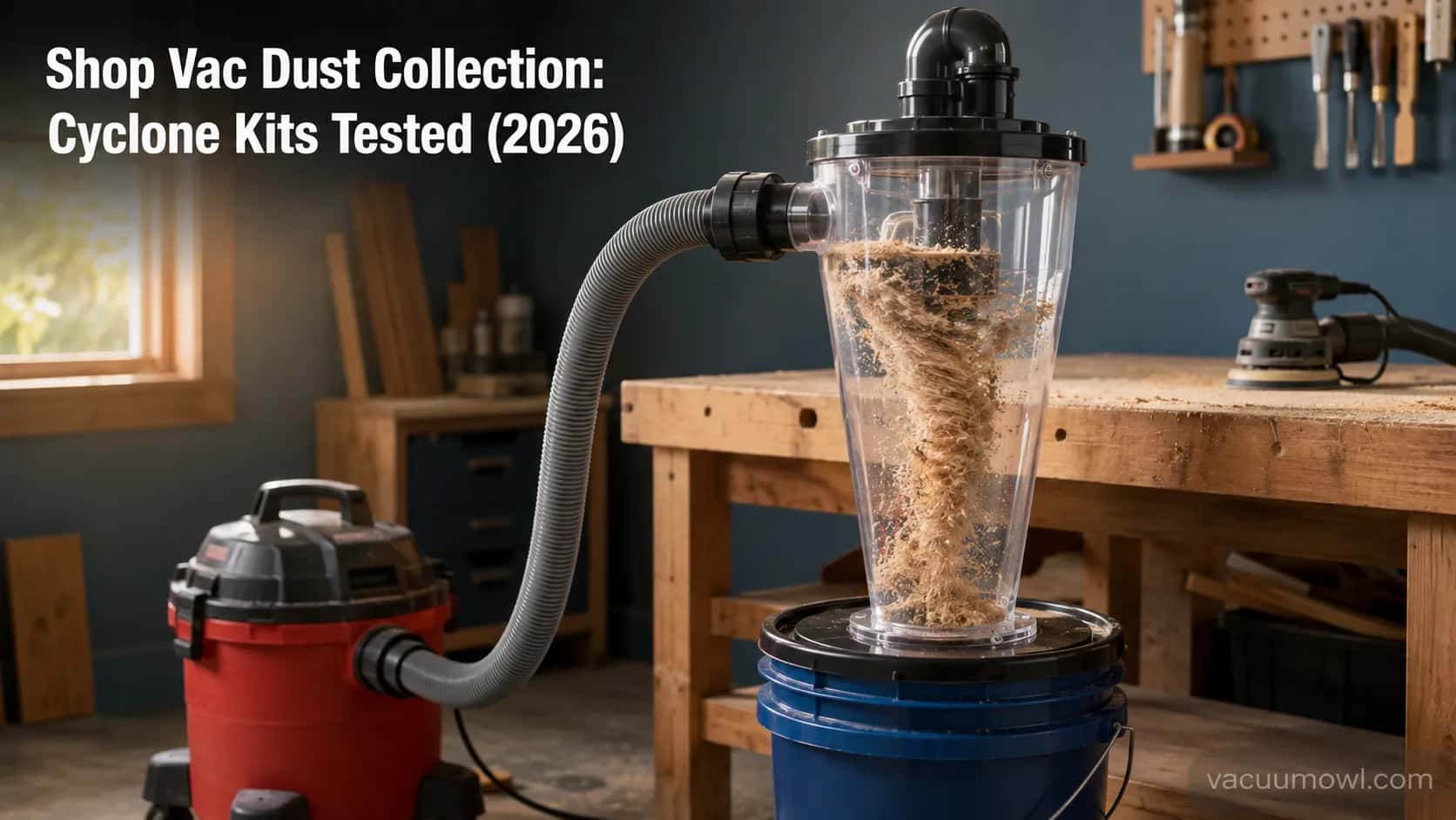 shop vac dust collection setup with a clear cyclone separator on a five gallon bucket.