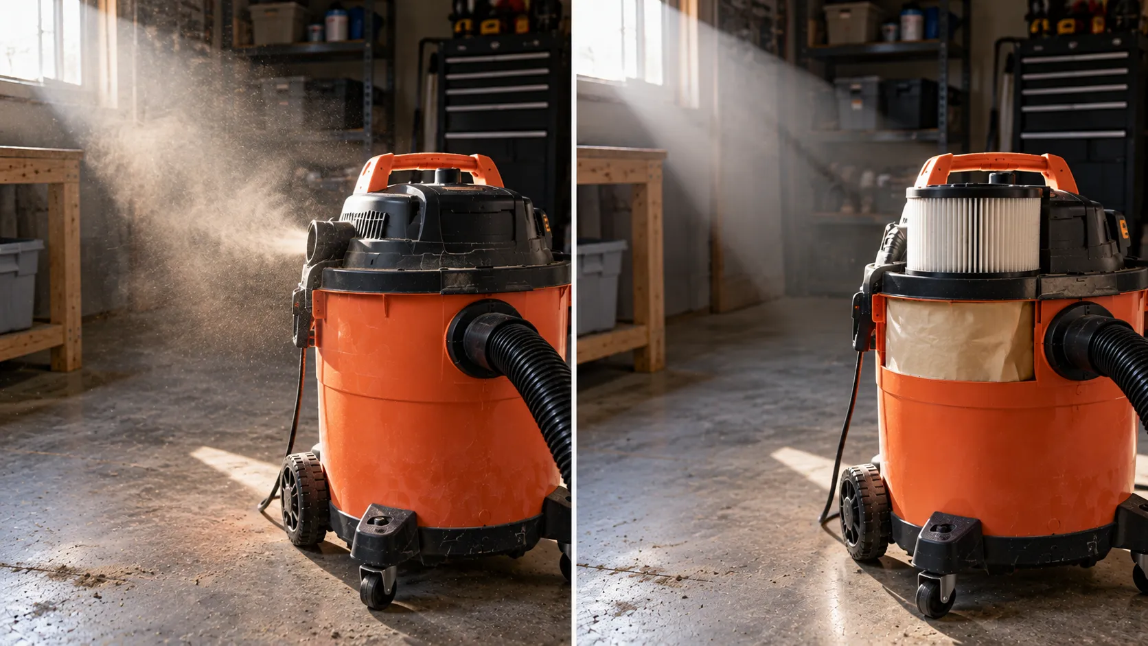 shop vac exhaust dust in light beam before and after HEPA filter and bag