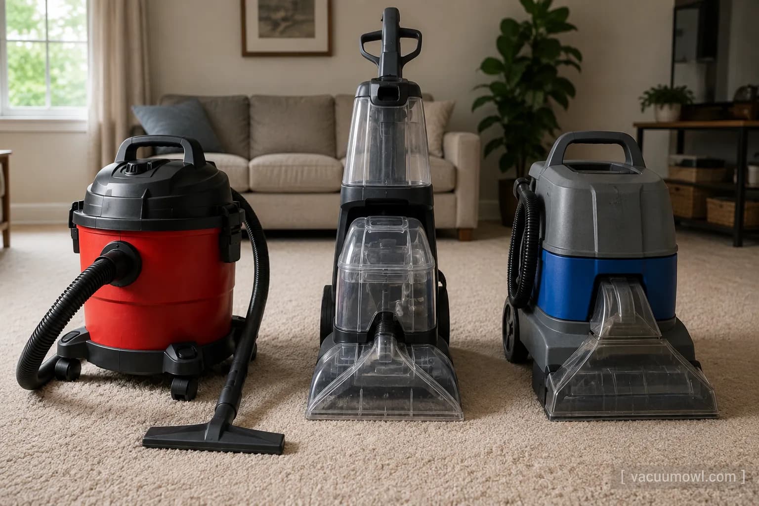 shop vac, carpet extractor, and rental carpet cleaner side by side on carpet
