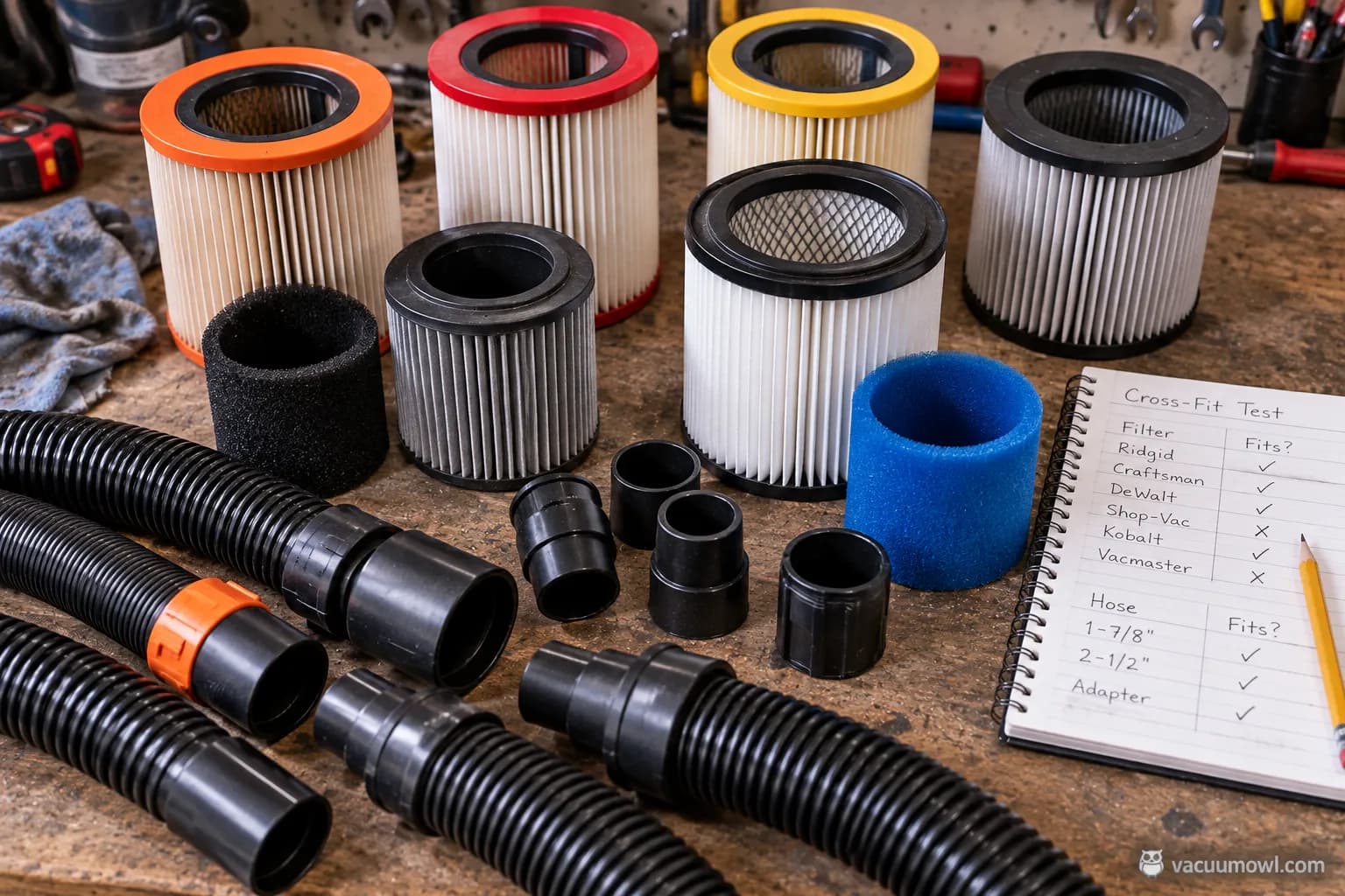 Testing whether Ridgid, Craftsman and DeWalt shop vac filters and hoses cross-fit