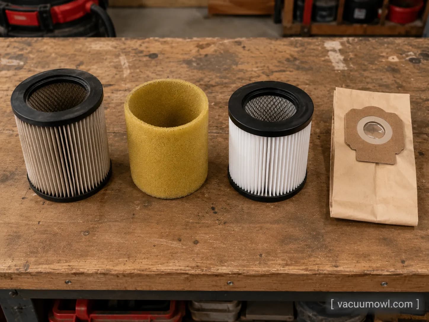 Pleated cartridge, foam sleeve, HEPA cartridge and paper dust bag lined up on a workbench.