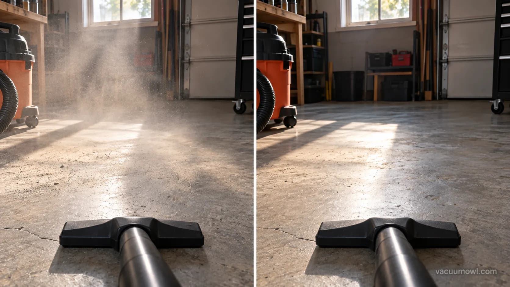 Garage floor dust haze with a stock cartridge versus clear air with a fine-dust filter bag
