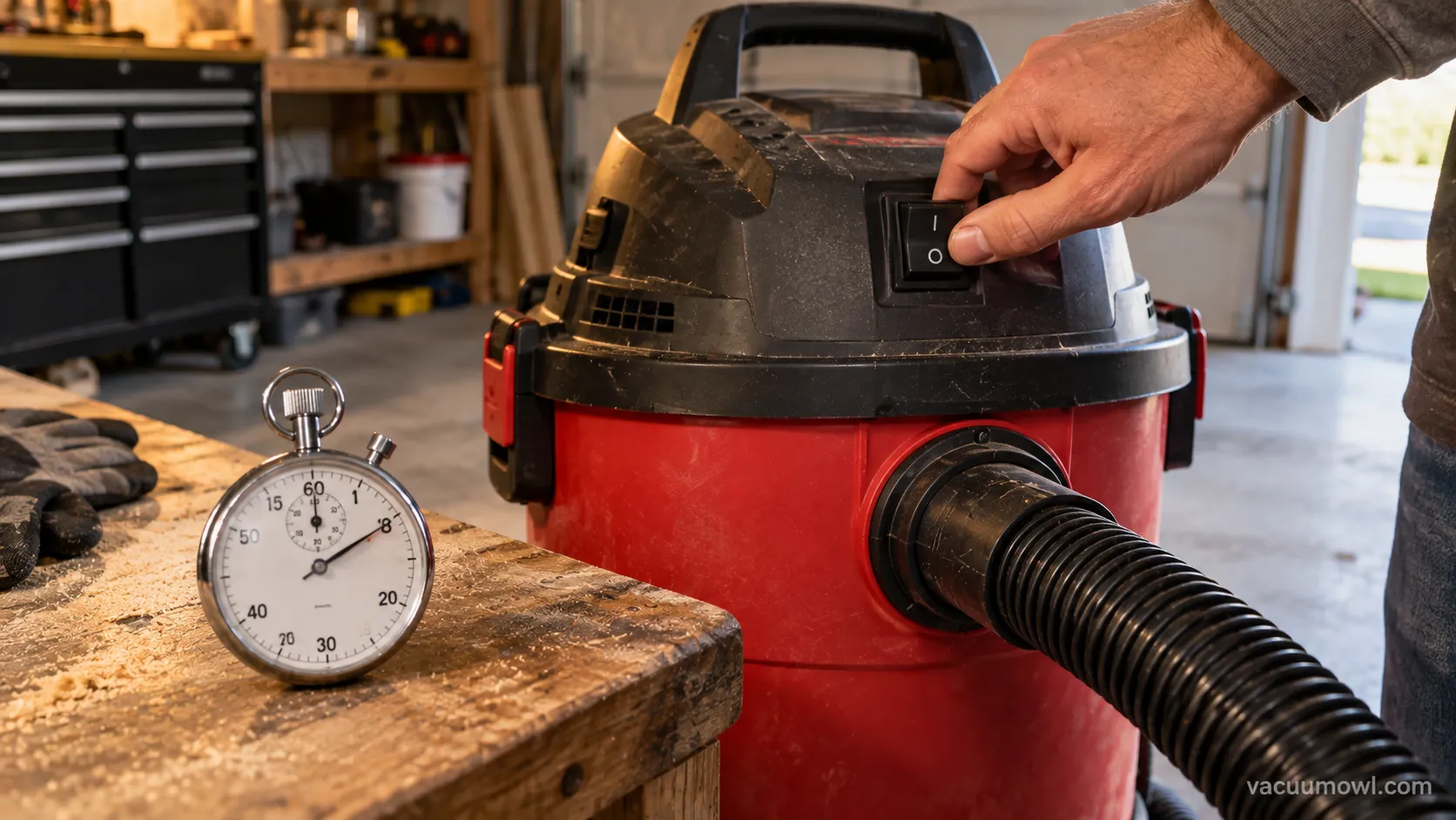 Hand switching on a shop vac for a dry pass with a stopwatch showing eight seconds.