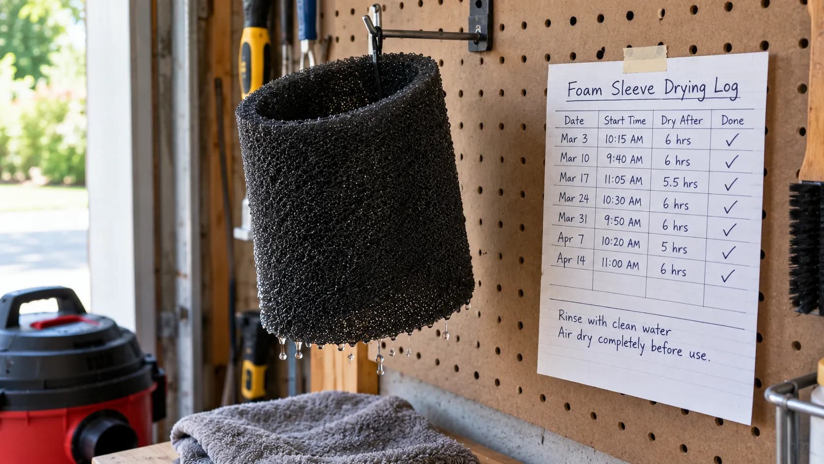 Foam sleeve drying with a dated maintenance log.