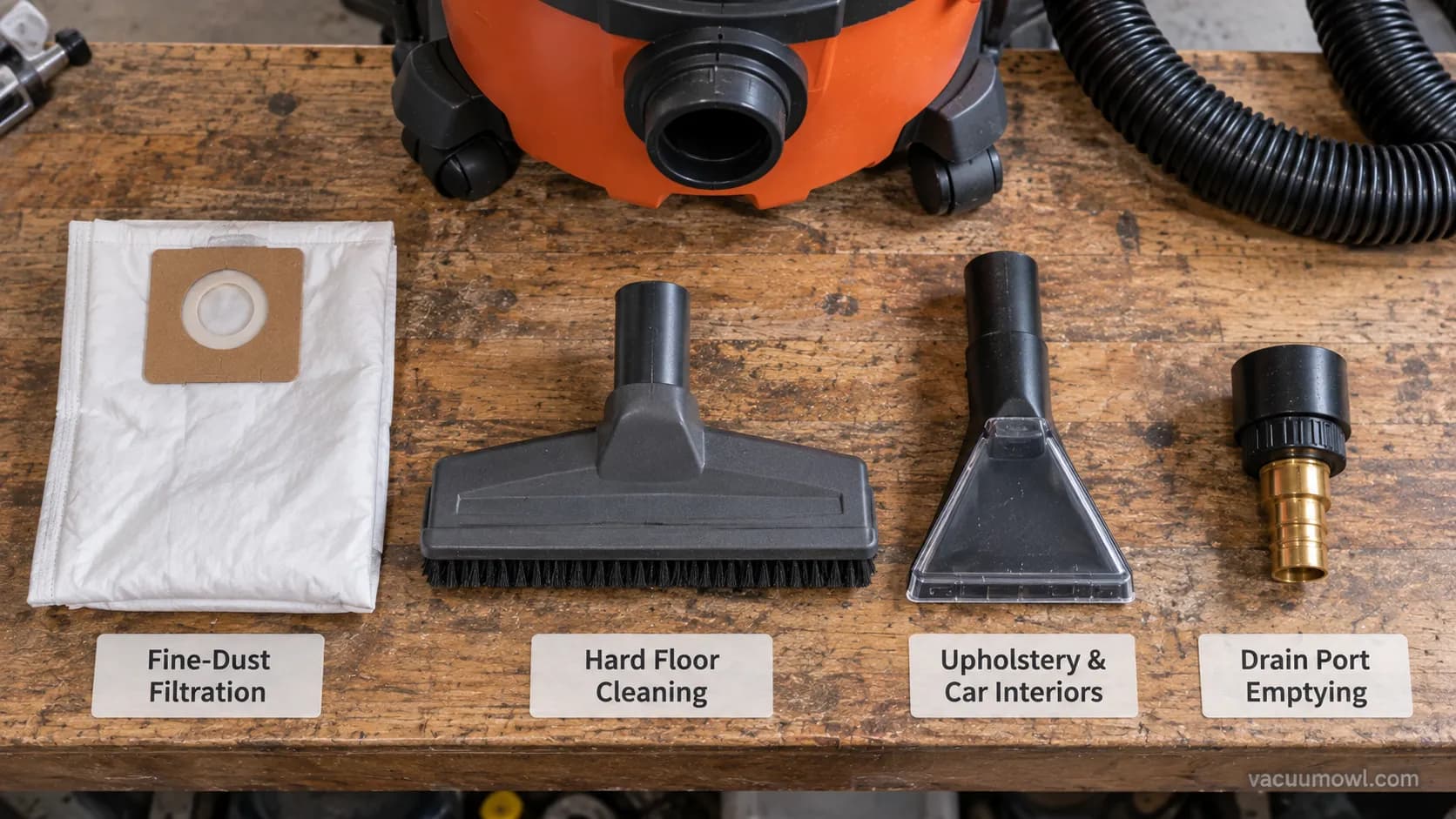 Shop vac attachments for four uses: fine-dust bag, floor nozzle, extractor wand and drain adapter