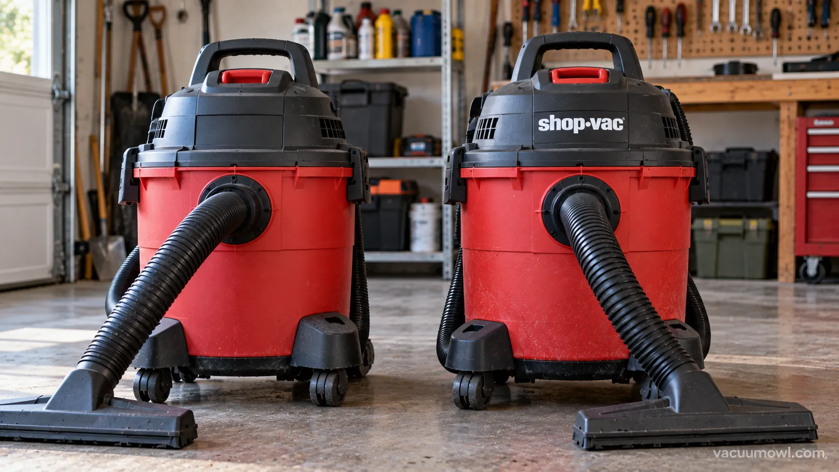 Generic store-brand wet/dry vacuum beside a branded Shop-Vac unit.